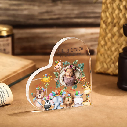 Personalised Acrylic Plaque Custom Name & Text & Photo Baby Keepsake Heart Ornament with Cute Animals-Jessemade AU