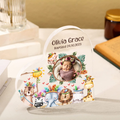Personalised Acrylic Plaque Custom Name & Text & Photo Baby Keepsake Heart Ornament with Cute Animals-Jessemade AU