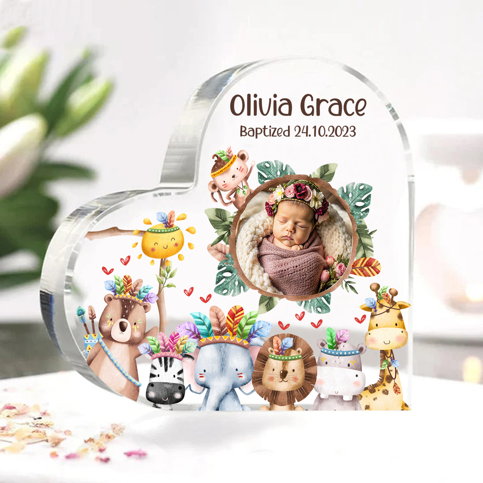 Personalised Acrylic Plaque Custom Name & Text & Photo Baby Keepsake Heart Ornament with Cute Animals-Jessemade AU