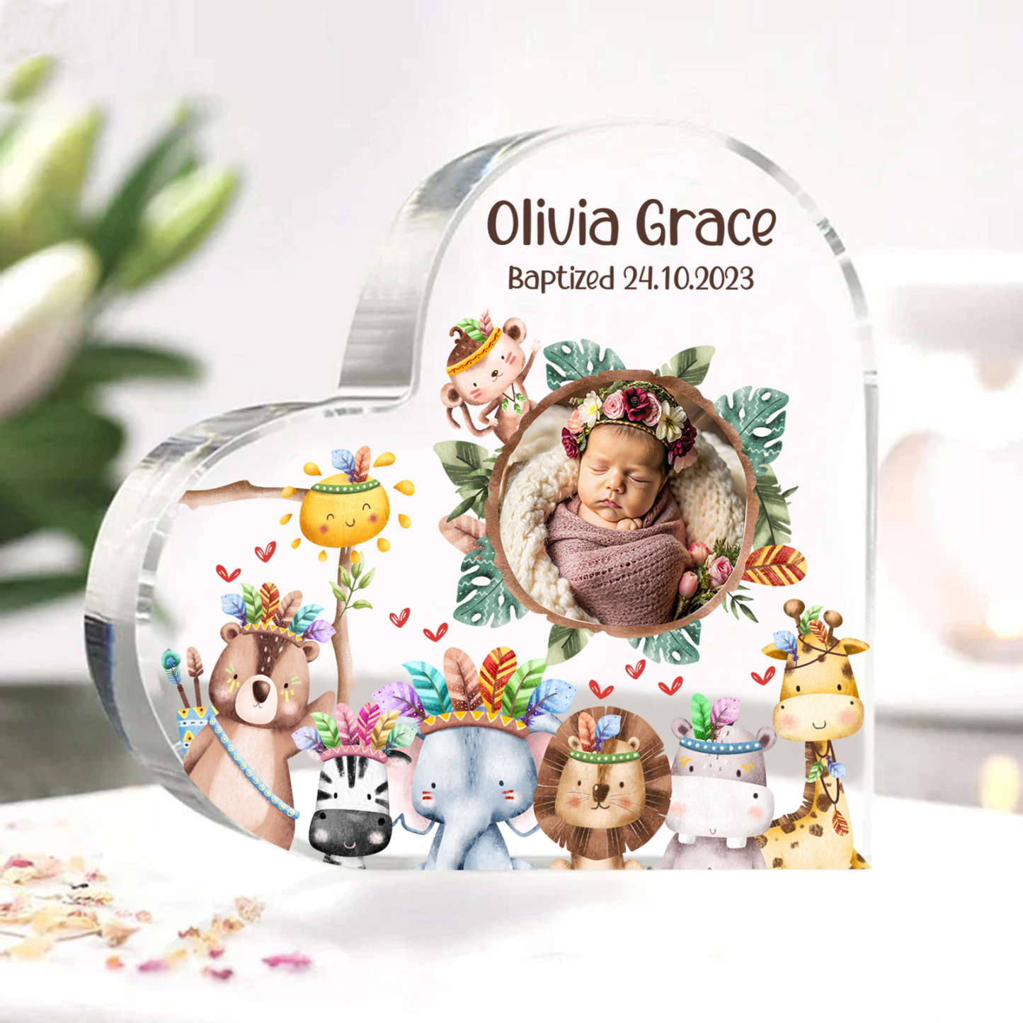 Personalised Acrylic Plaque Custom Name & Text & Photo Baby Keepsake Heart Ornament with Cute Animals-Jessemade AU