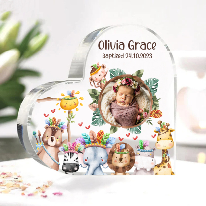 Personalised Acrylic Plaque Custom Name & Text & Photo Baby Keepsake Heart Ornament with Cute Animals-Jessemade AU