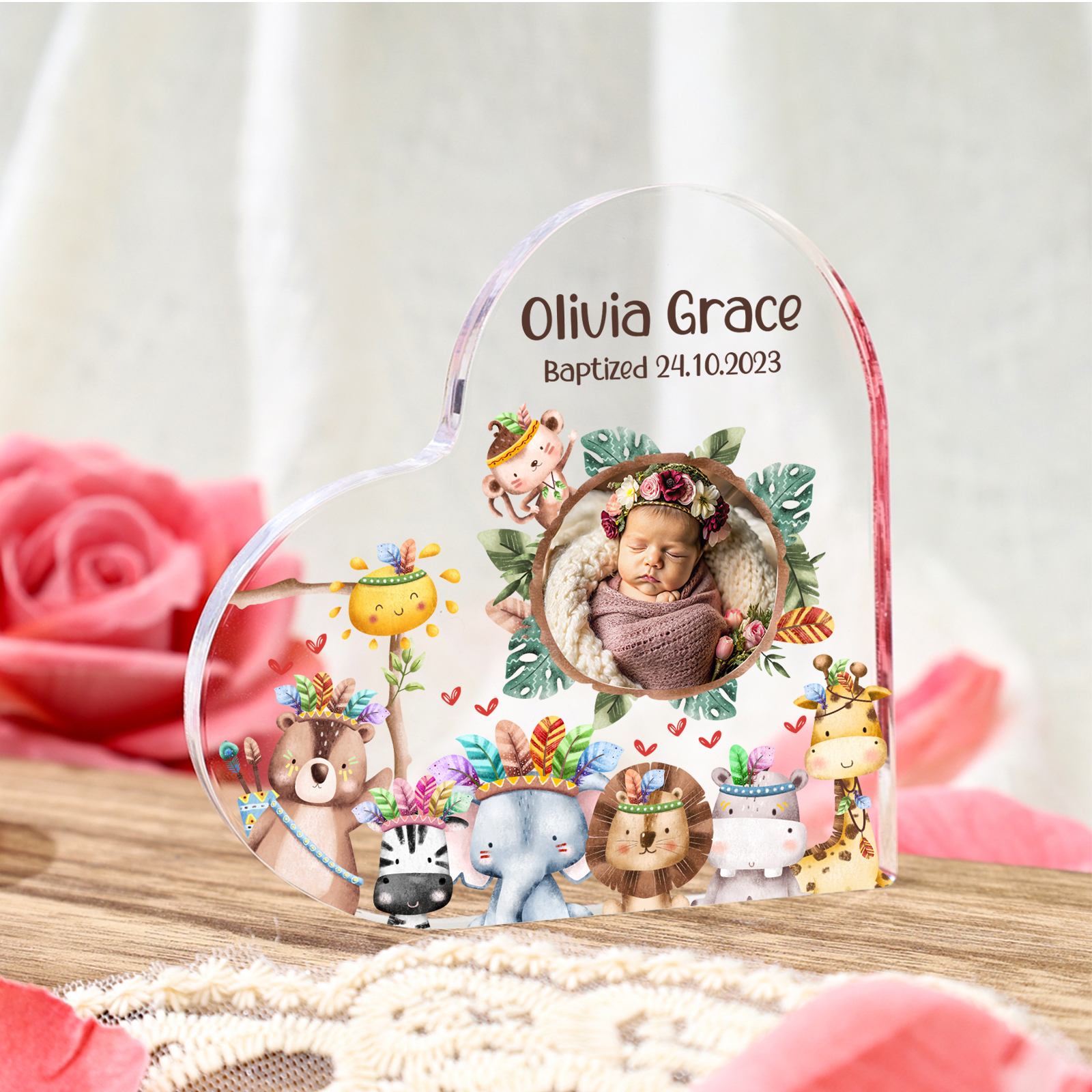 Personalised Acrylic Plaque Custom Name & Text & Photo Baby Keepsake Heart Ornament with Cute Animals-Jessemade AU