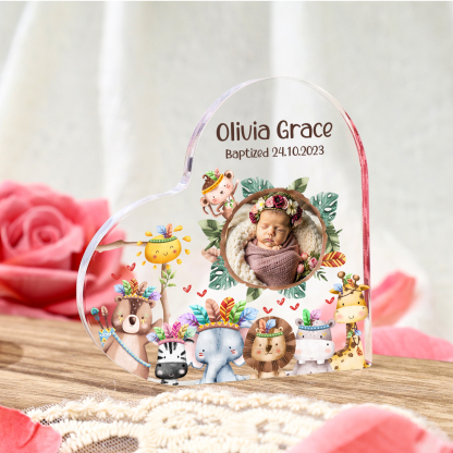 Personalised Acrylic Plaque Custom Name & Text & Photo Baby Keepsake Heart Ornament with Cute Animals-Jessemade AU