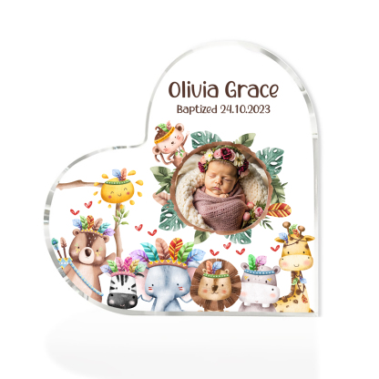 Personalised Acrylic Plaque Custom Name & Text & Photo Baby Keepsake Heart Ornament with Cute Animals-Jessemade AU