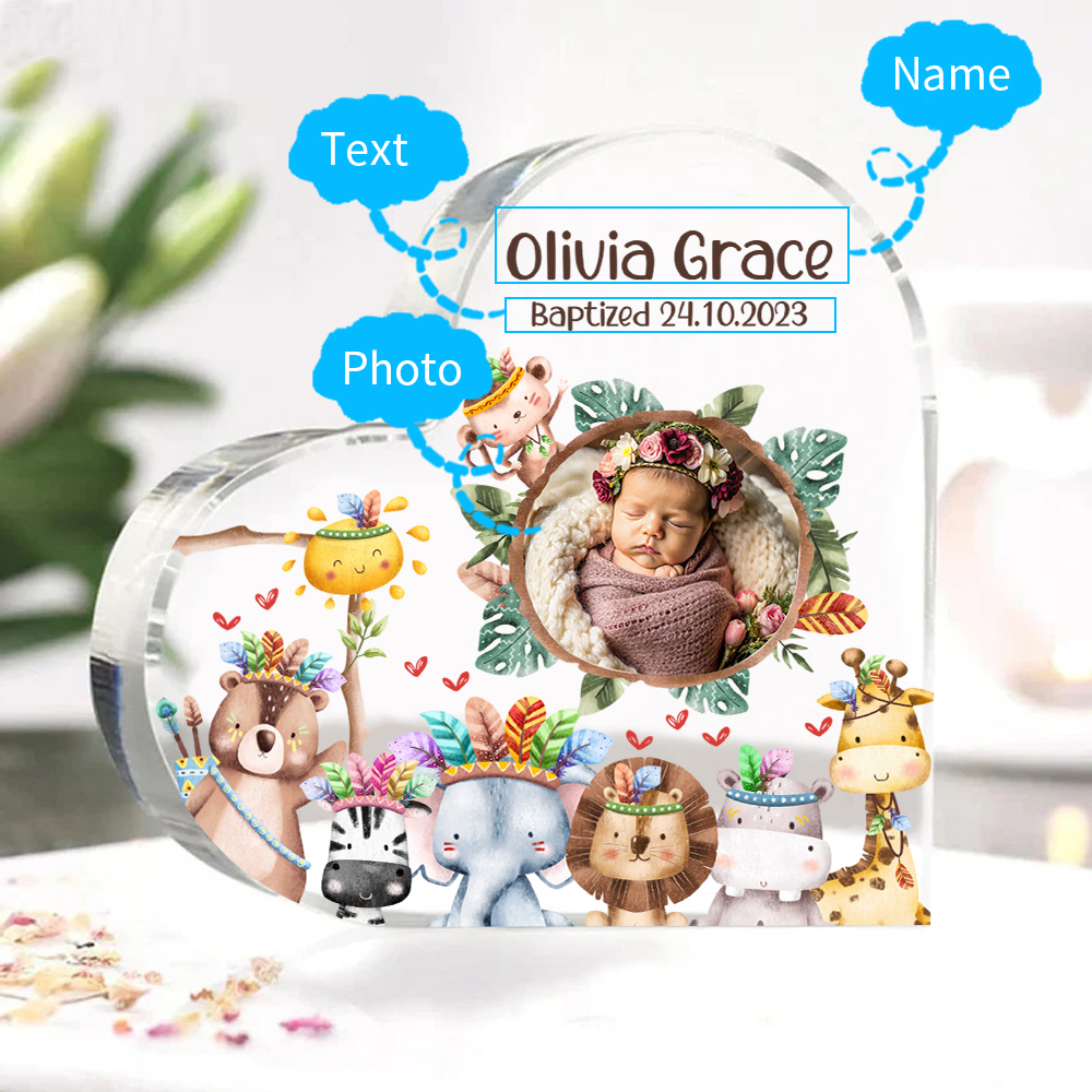 Personalised Acrylic Plaque Custom Name & Text & Photo Baby Keepsake Heart Ornament with Cute Animals-Jessemade AU