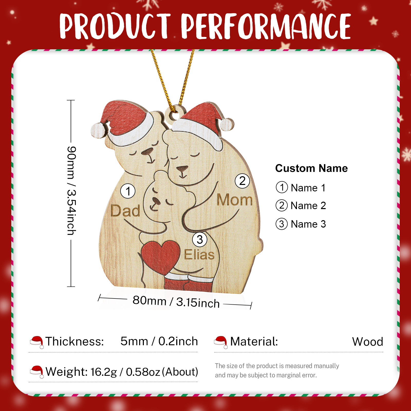 Personalised Wooden Bear Family Ornament with Custom 3 Names Heartwarming Christmas Gift-Jessemade AU