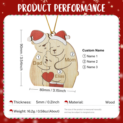Personalised Wooden Bear Family Ornament with Custom 3 Names Heartwarming Christmas Gift-Jessemade AU