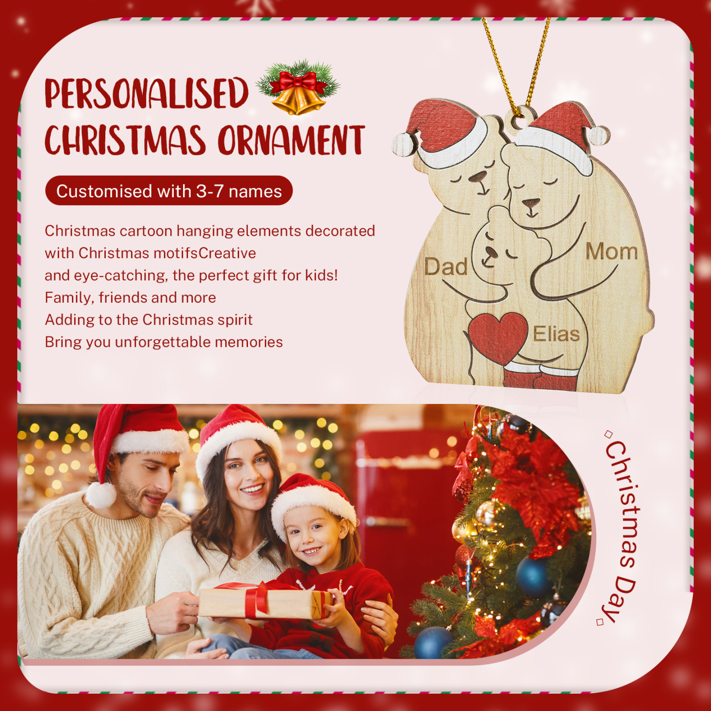 Personalised Wooden Bear Family Ornament with Custom 3 Names Heartwarming Christmas Gift-Jessemade AU