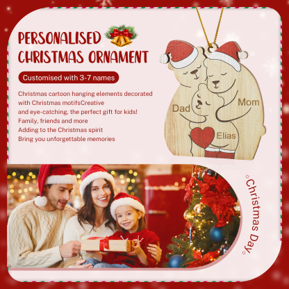 Personalised Wooden Bear Family Ornament with Custom 3 Names Heartwarming Christmas Gift-Jessemade AU