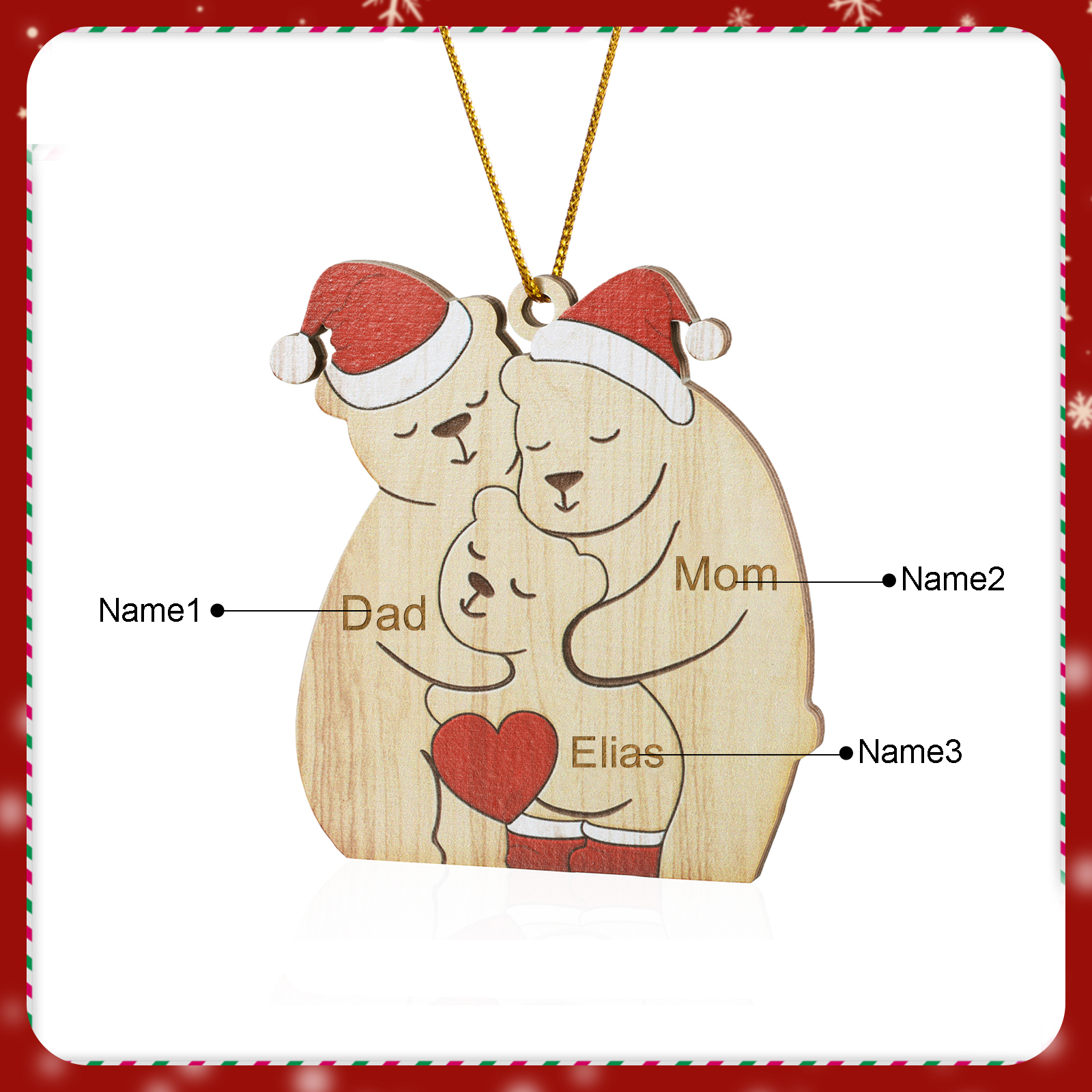 Personalised Wooden Bear Family Ornament with Custom 3 Names Heartwarming Christmas Gift-Jessemade AU