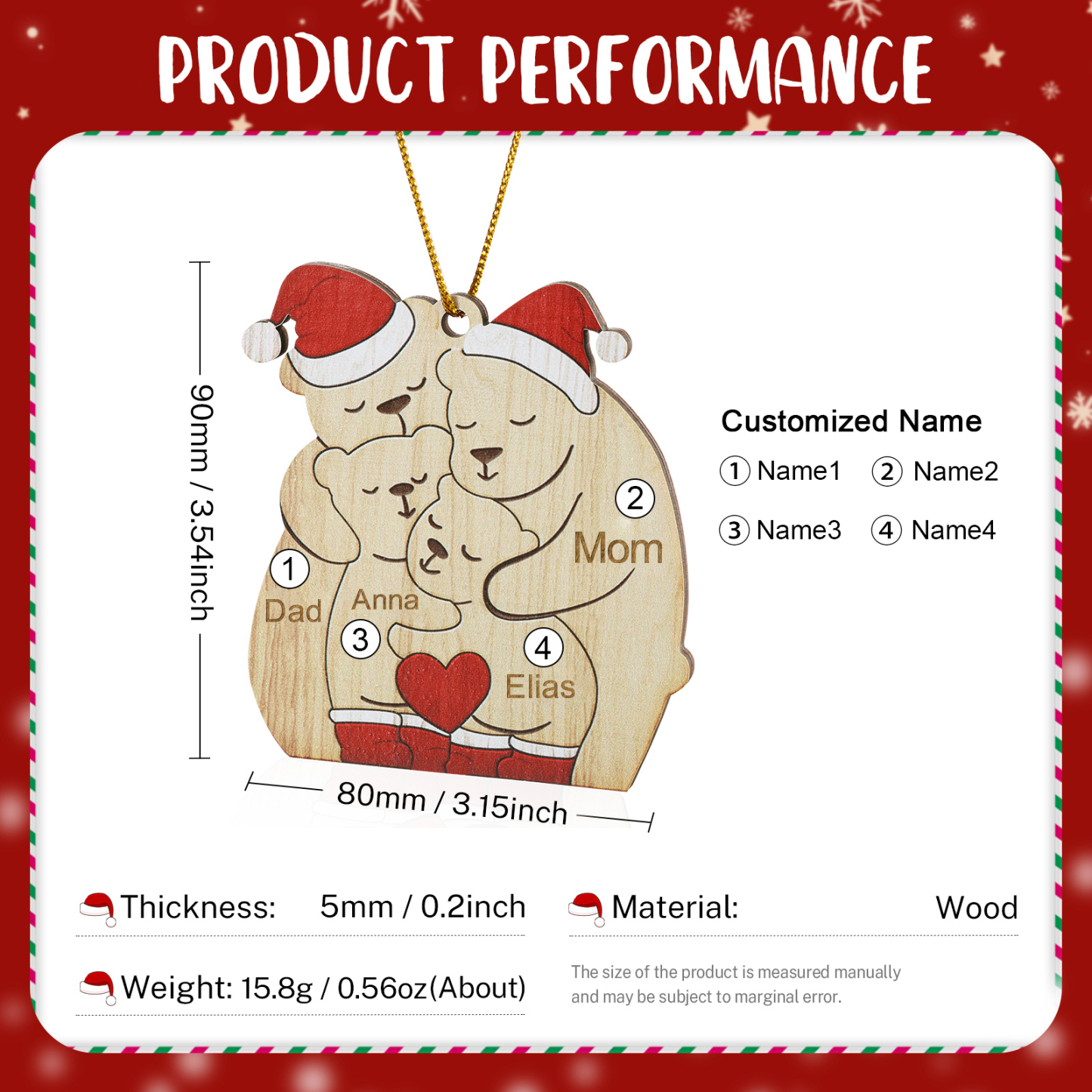 Personalised Wooden Bear Family Ornament with Custom 4 Names Heartwarming Christmas Gift-Jessemade AU