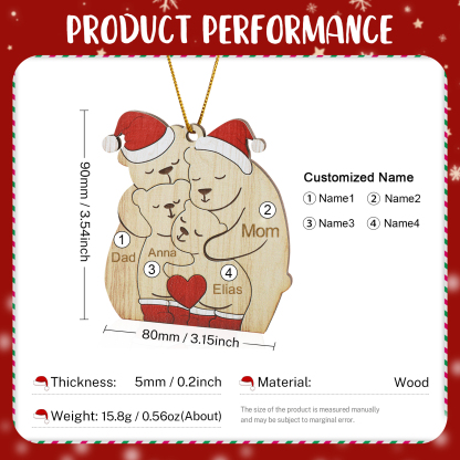 Personalised Wooden Bear Family Ornament with Custom 4 Names Heartwarming Christmas Gift-Jessemade AU