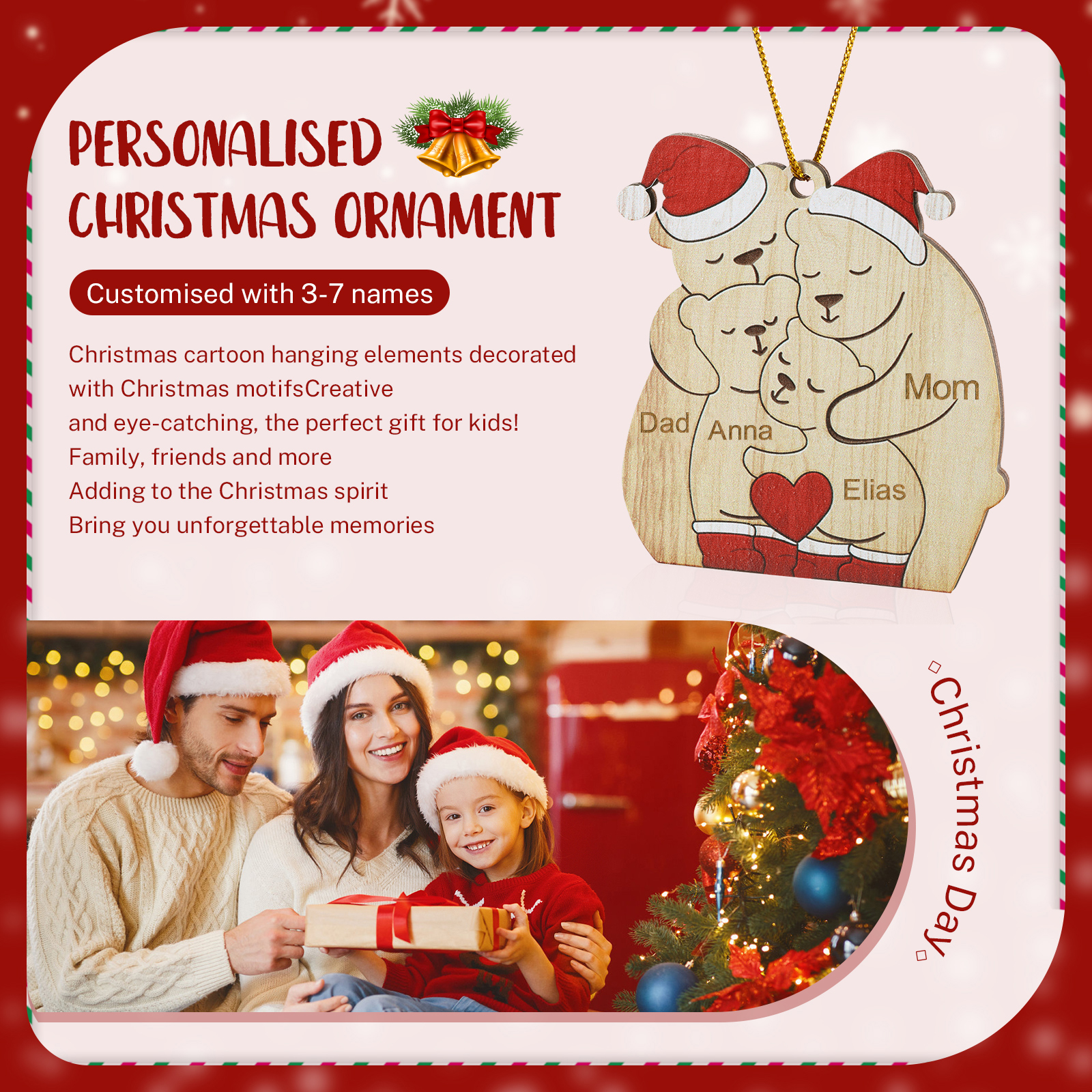 Personalised Wooden Bear Family Ornament with Custom 4 Names Heartwarming Christmas Gift-Jessemade AU