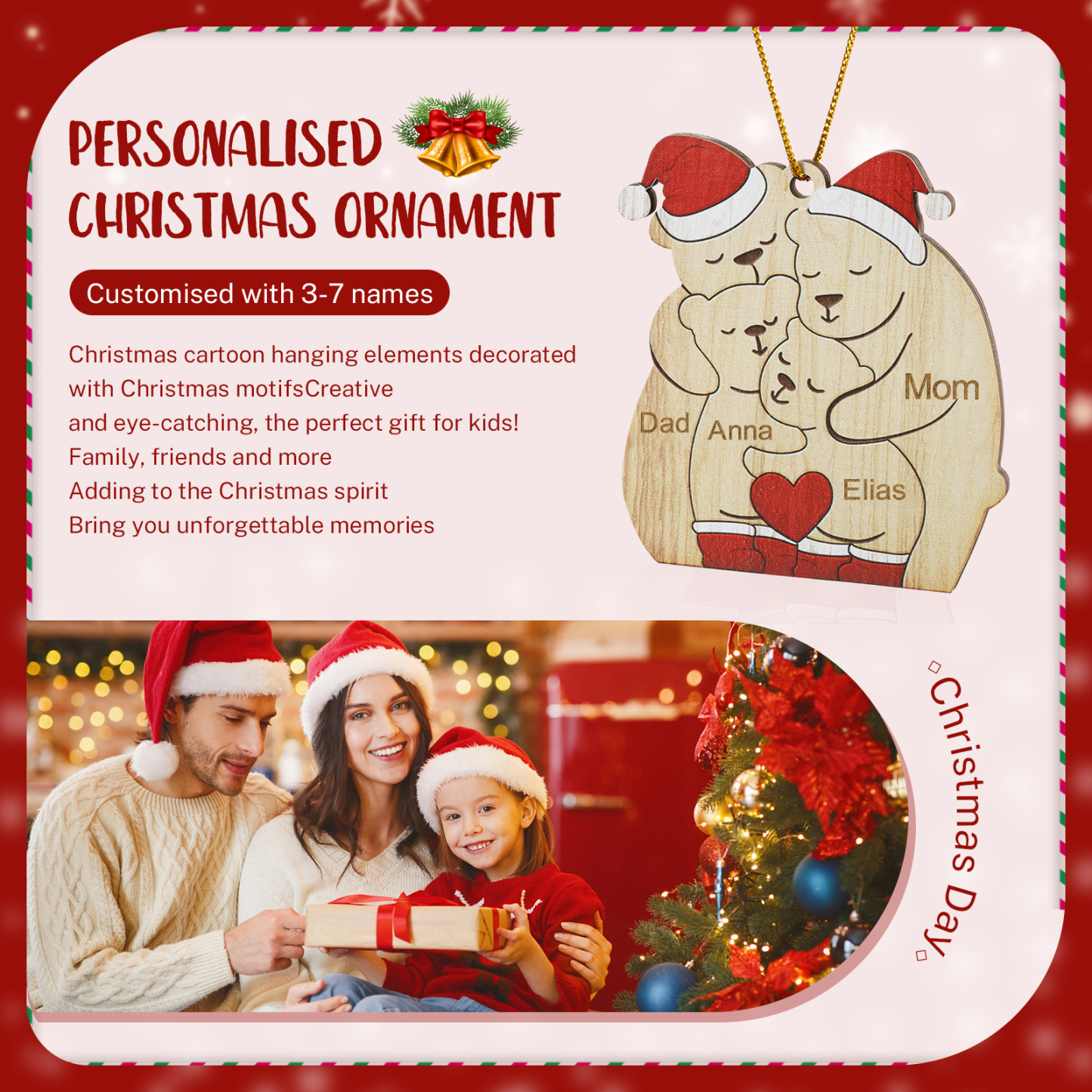 Personalised Wooden Bear Family Ornament with Custom 4 Names Heartwarming Christmas Gift-Jessemade AU