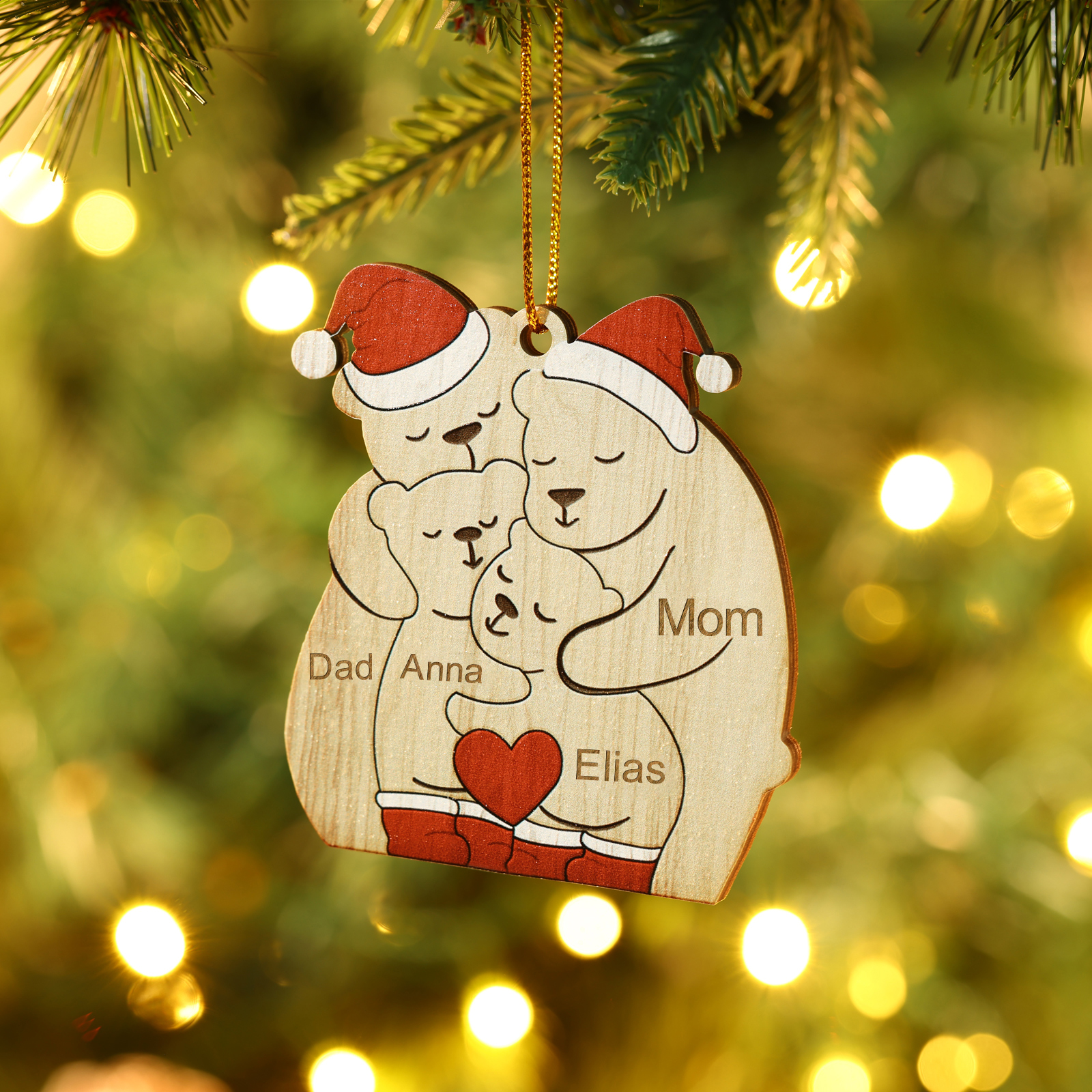 Personalised Wooden Bear Family Ornament with Custom 4 Names Heartwarming Christmas Gift-Jessemade AU