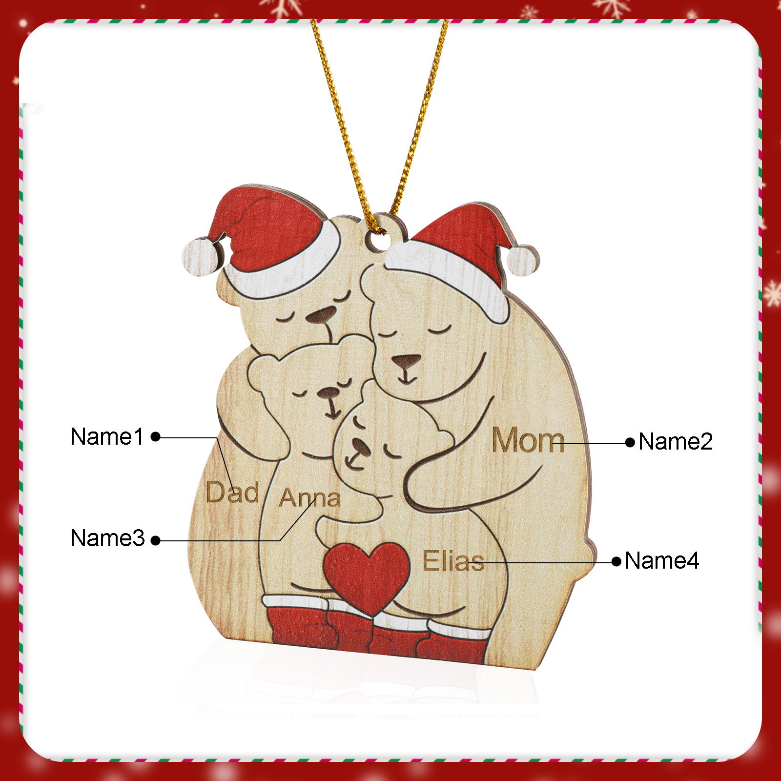 Personalised Wooden Bear Family Ornament with Custom 4 Names Heartwarming Christmas Gift-Jessemade AU
