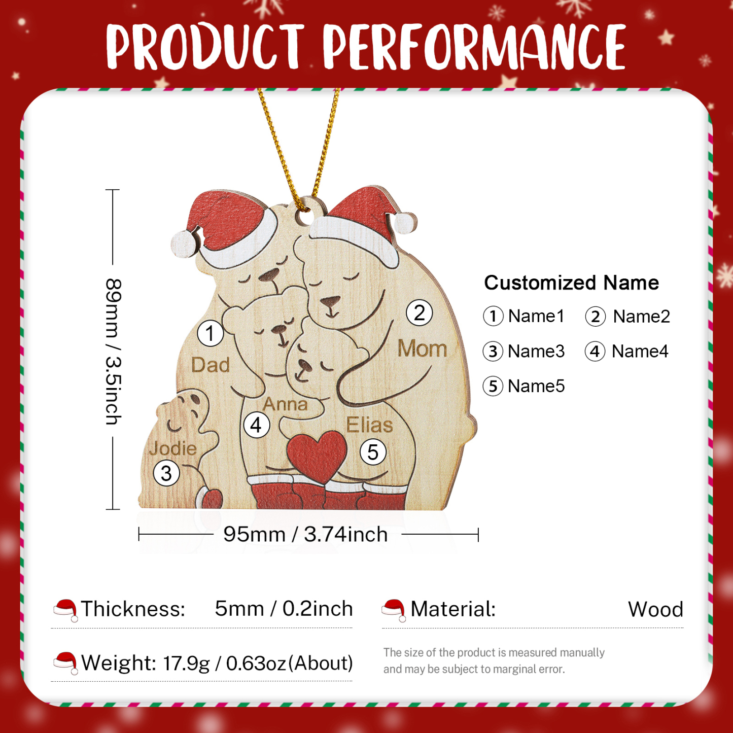 Personalised Wooden Bear Family Ornament with Custom 5 Names Heartwarming Christmas Gift-Jessemade AU