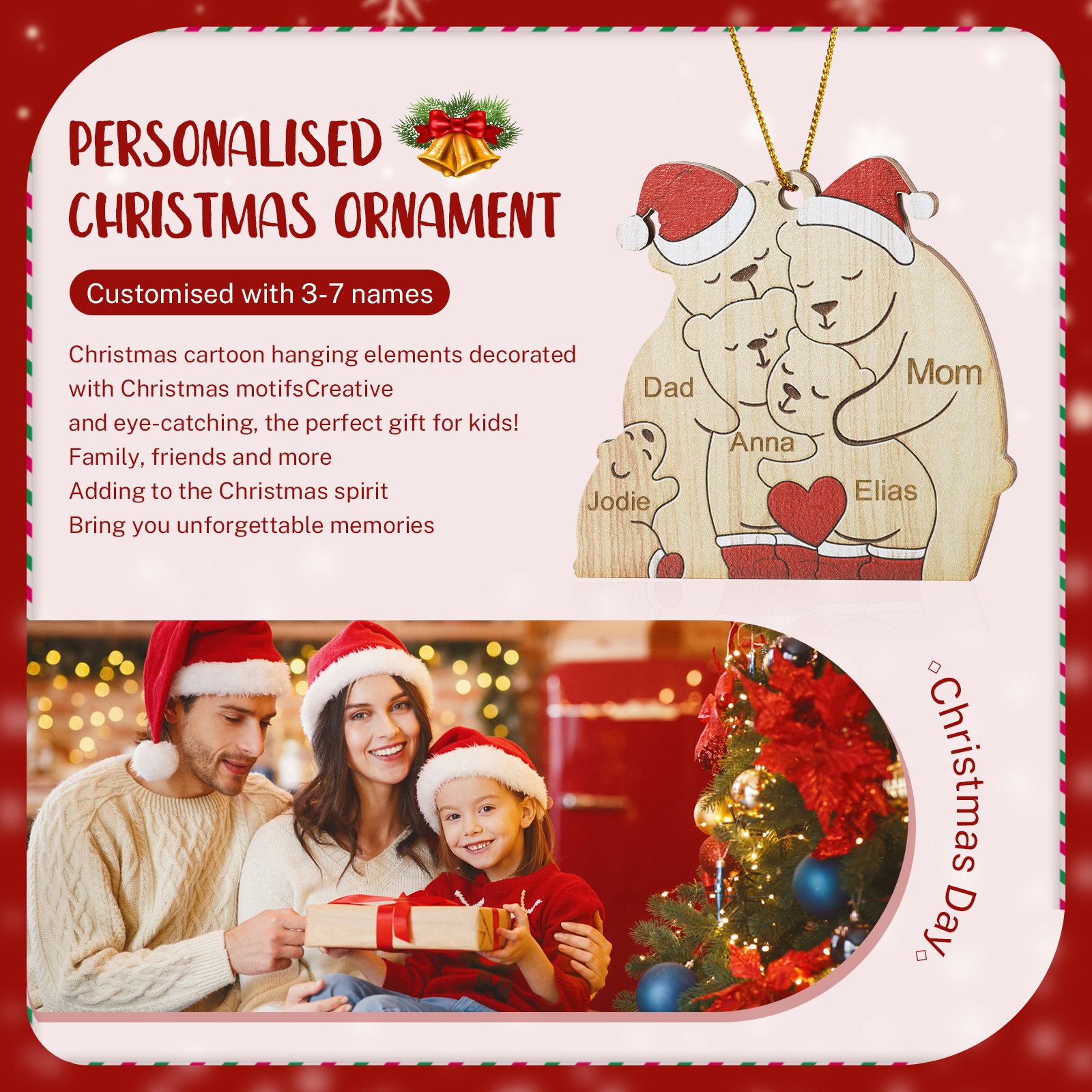 Personalised Wooden Bear Family Ornament with Custom 5 Names Heartwarming Christmas Gift-Jessemade AU