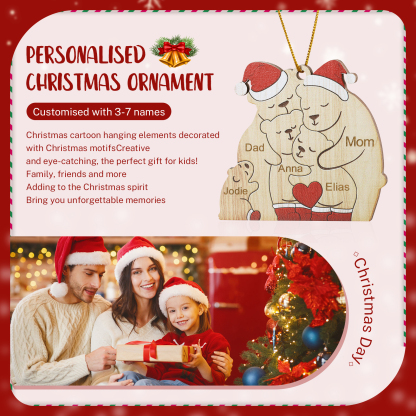 Personalised Wooden Bear Family Ornament with Custom 5 Names Heartwarming Christmas Gift-Jessemade AU