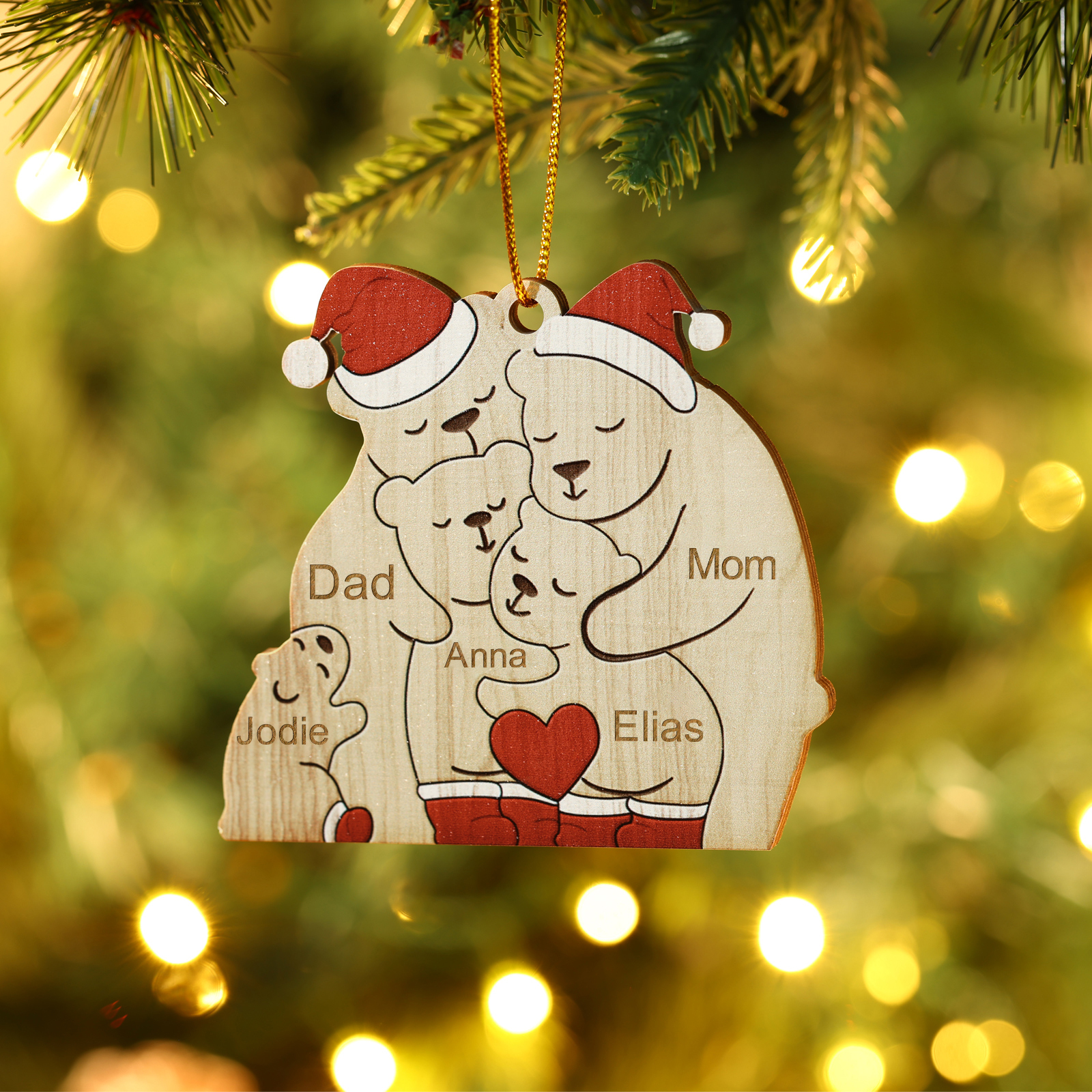 Personalised Wooden Bear Family Ornament with Custom 5 Names Heartwarming Christmas Gift-Jessemade AU