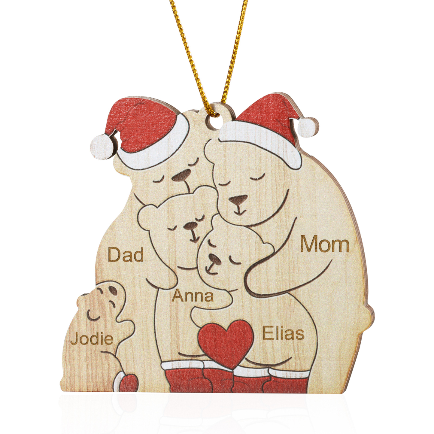 Personalised Wooden Bear Family Ornament with Custom 5 Names Heartwarming Christmas Gift-Jessemade AU