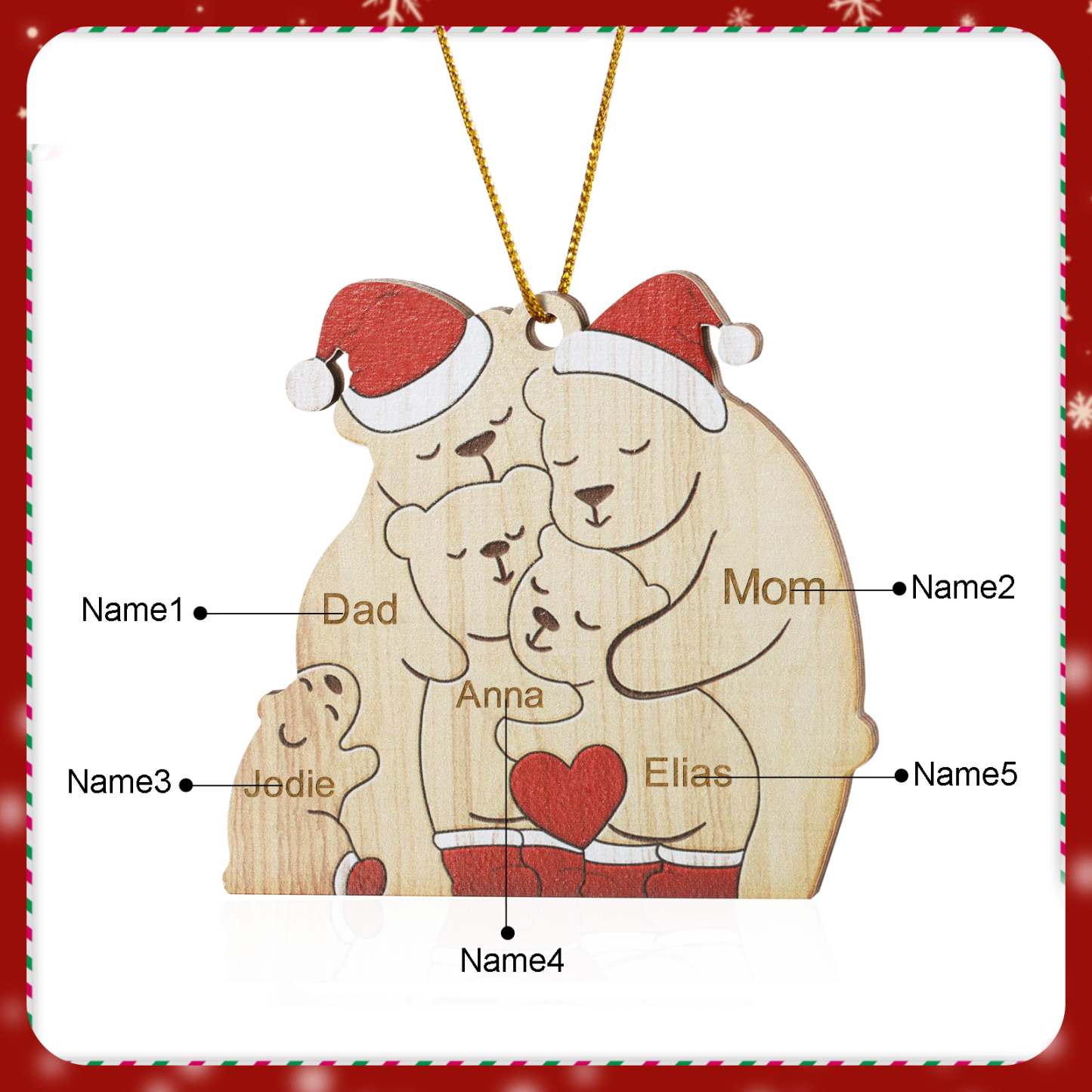 Personalised Wooden Bear Family Ornament with Custom 5 Names Heartwarming Christmas Gift-Jessemade AU