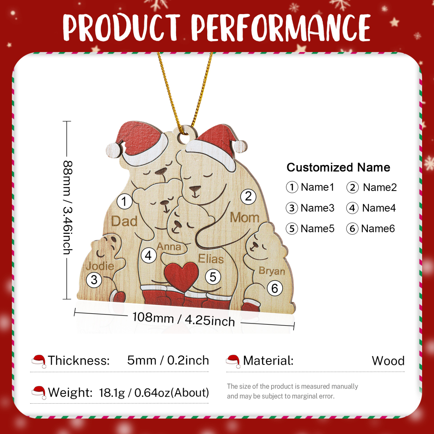 Personalised Wooden Bear Family Ornament with Custom 6 Names Heartwarming Christmas Gift-Jessemade AU