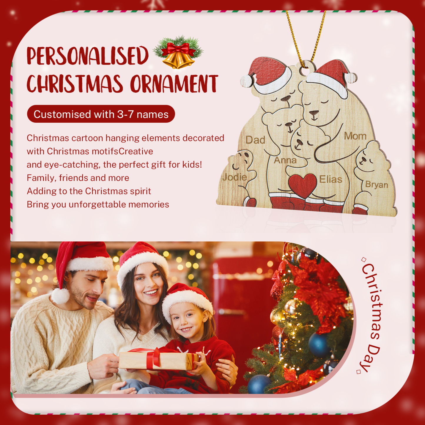 Personalised Wooden Bear Family Ornament with Custom 6 Names Heartwarming Christmas Gift-Jessemade AU