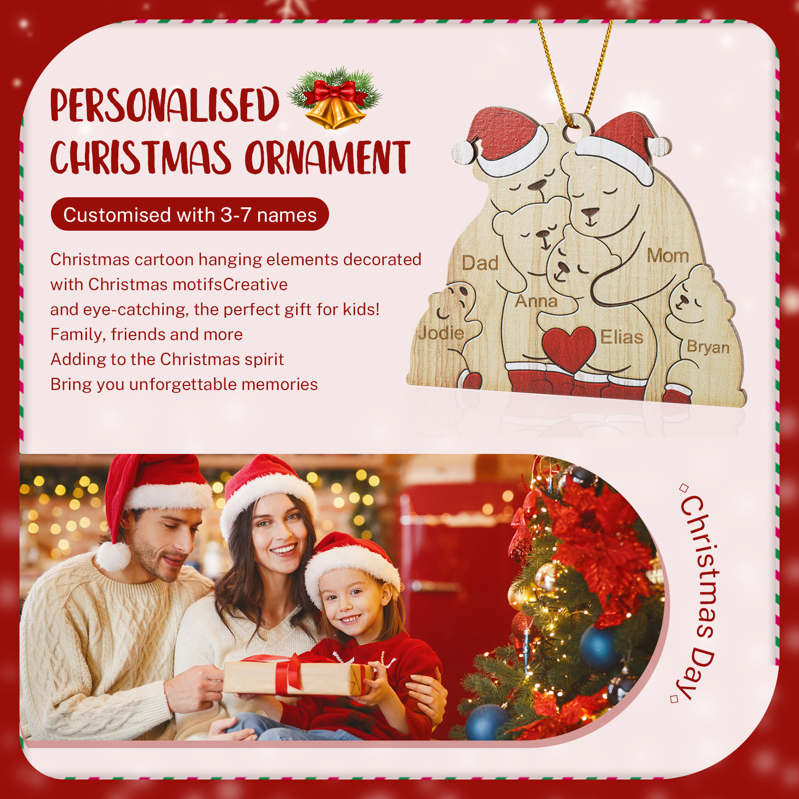 Personalised Wooden Bear Family Ornament with Custom 6 Names Heartwarming Christmas Gift-Jessemade AU