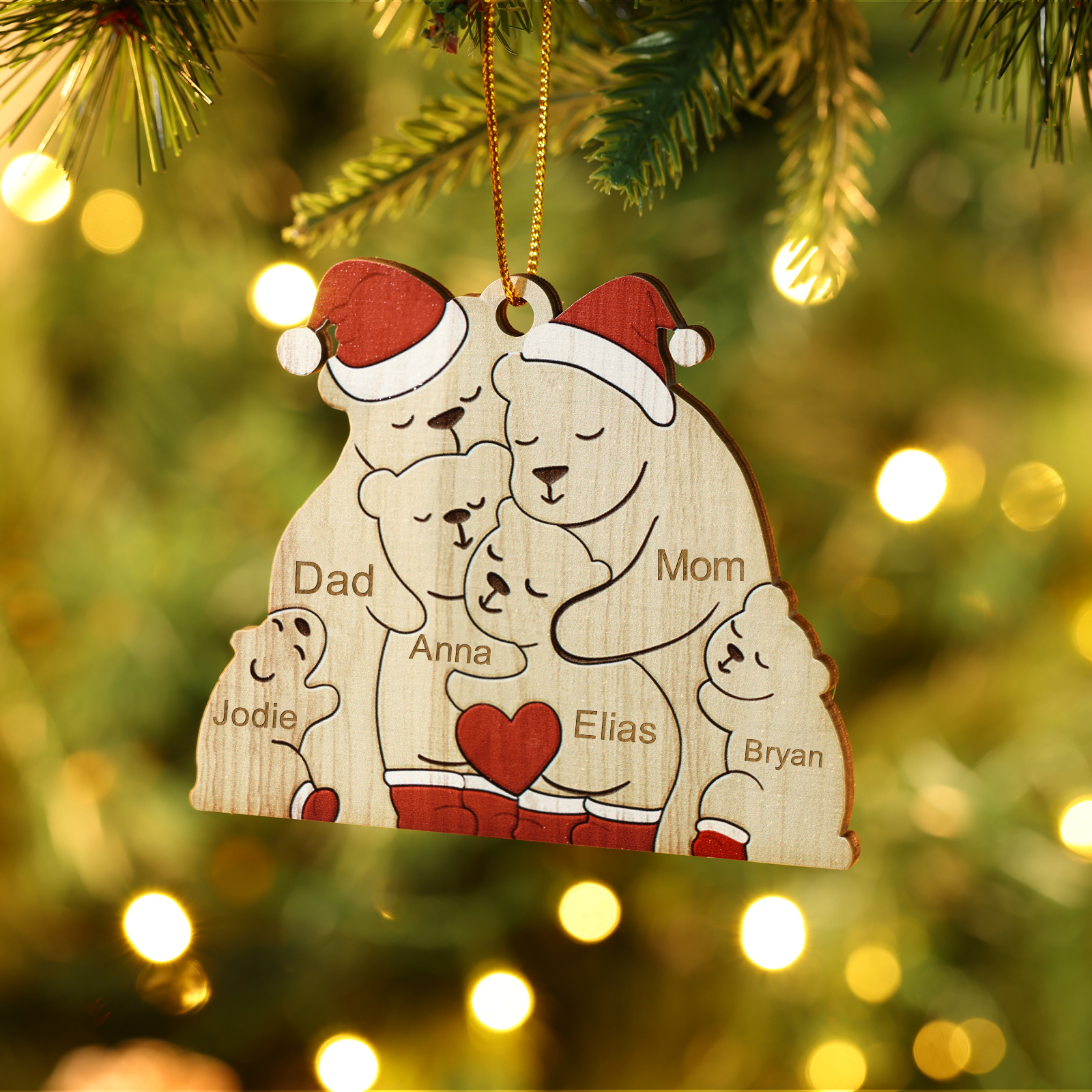 Personalised Wooden Bear Family Ornament with Custom 6 Names Heartwarming Christmas Gift-Jessemade AU