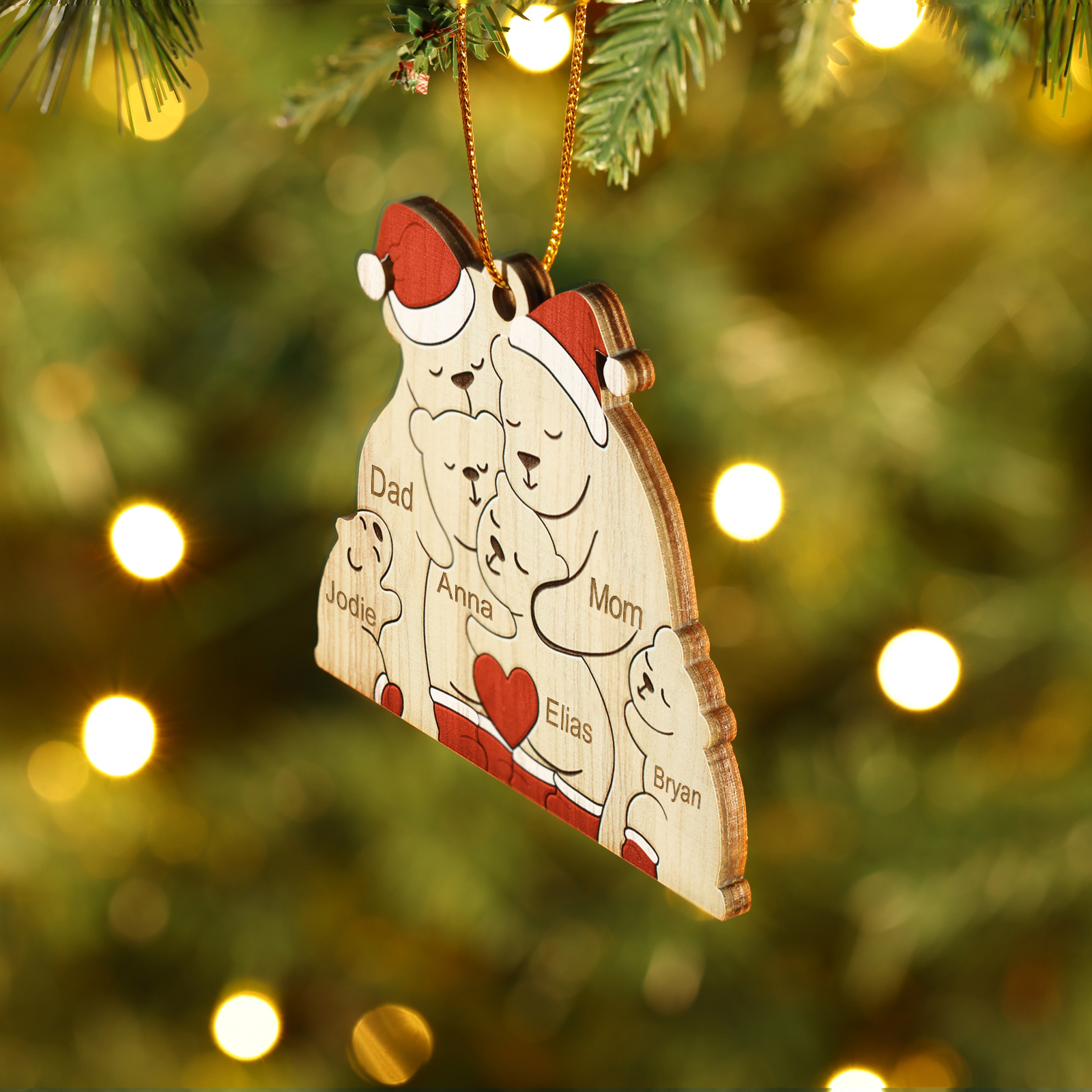Personalised Wooden Bear Family Ornament with Custom 6 Names Heartwarming Christmas Gift-Jessemade AU