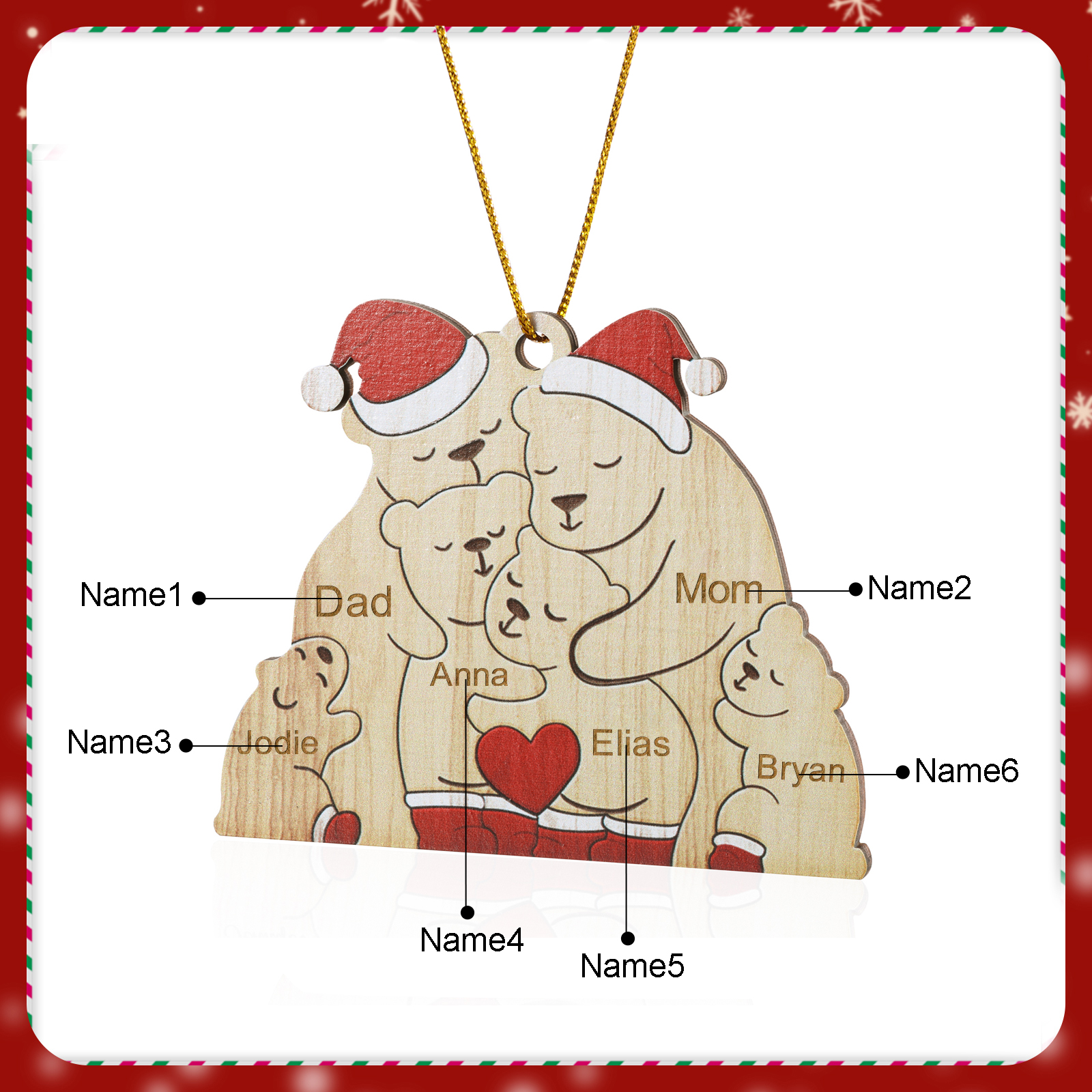 Personalised Wooden Bear Family Ornament with Custom 6 Names Heartwarming Christmas Gift-Jessemade AU