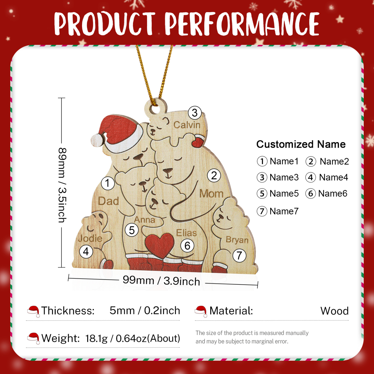 Personalised Wooden Bear Family Ornament with Custom 7 Names Heartwarming Christmas Gift-Jessemade AU