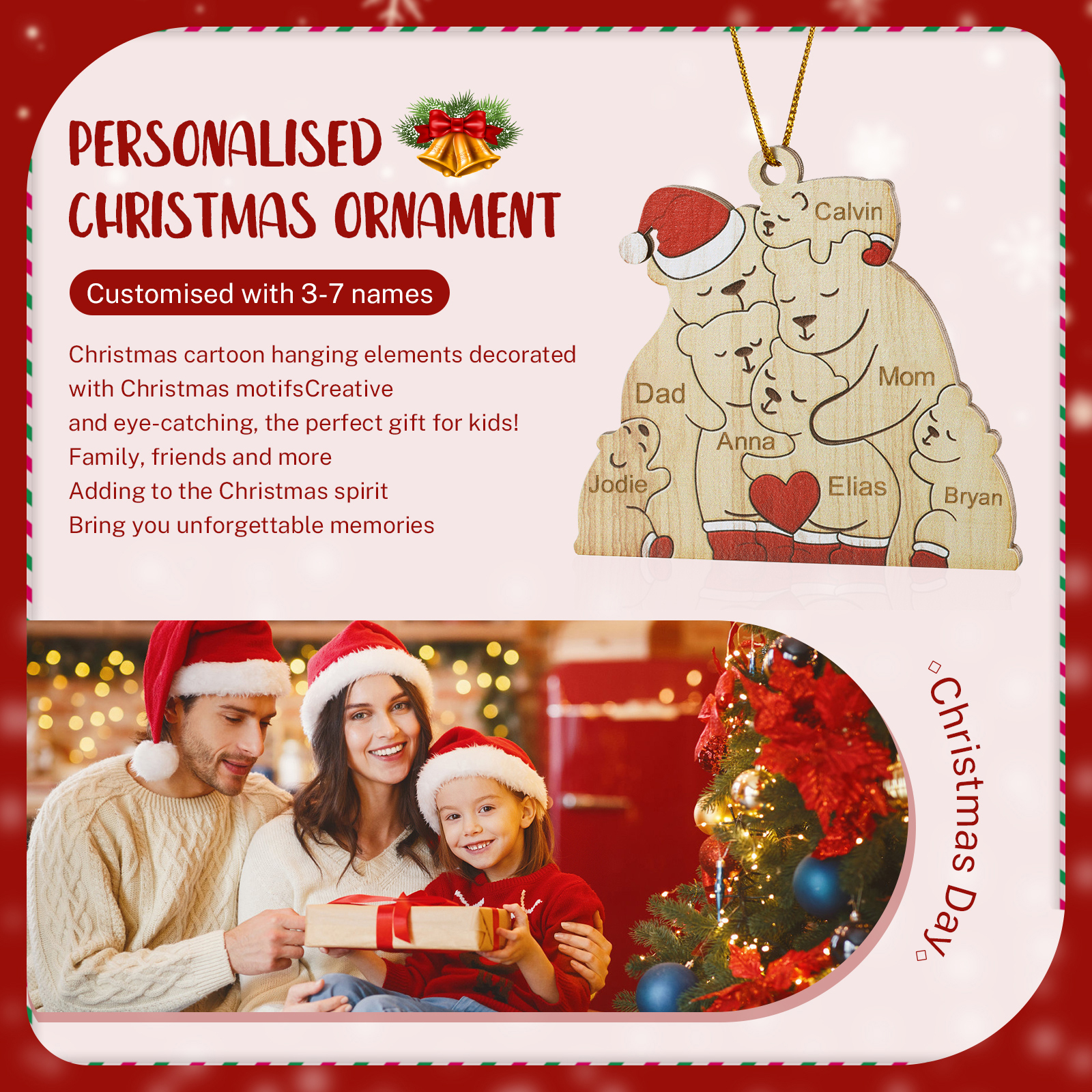 Personalised Wooden Bear Family Ornament with Custom 7 Names Heartwarming Christmas Gift-Jessemade AU