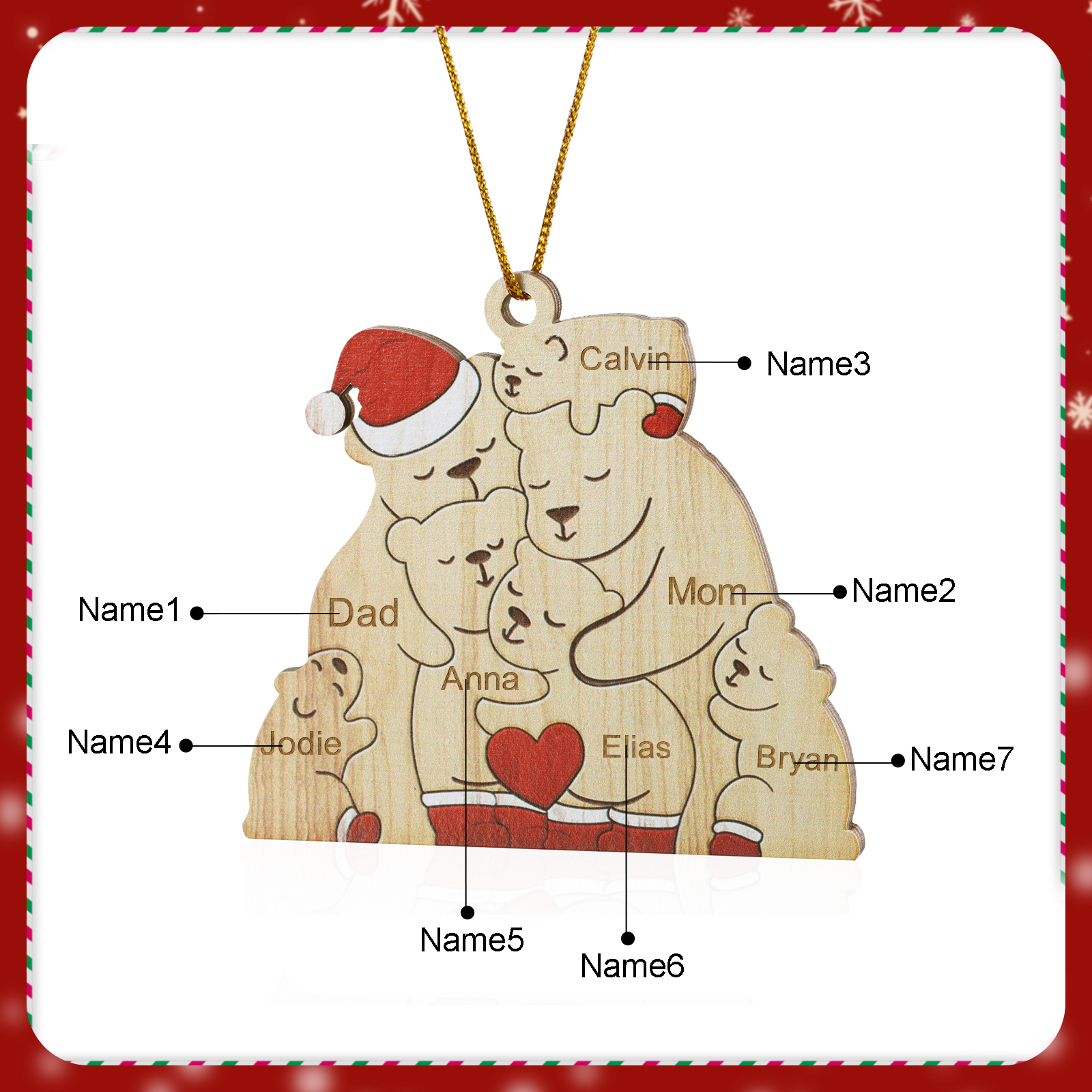 Personalised Wooden Bear Family Ornament with Custom 7 Names Heartwarming Christmas Gift-Jessemade AU