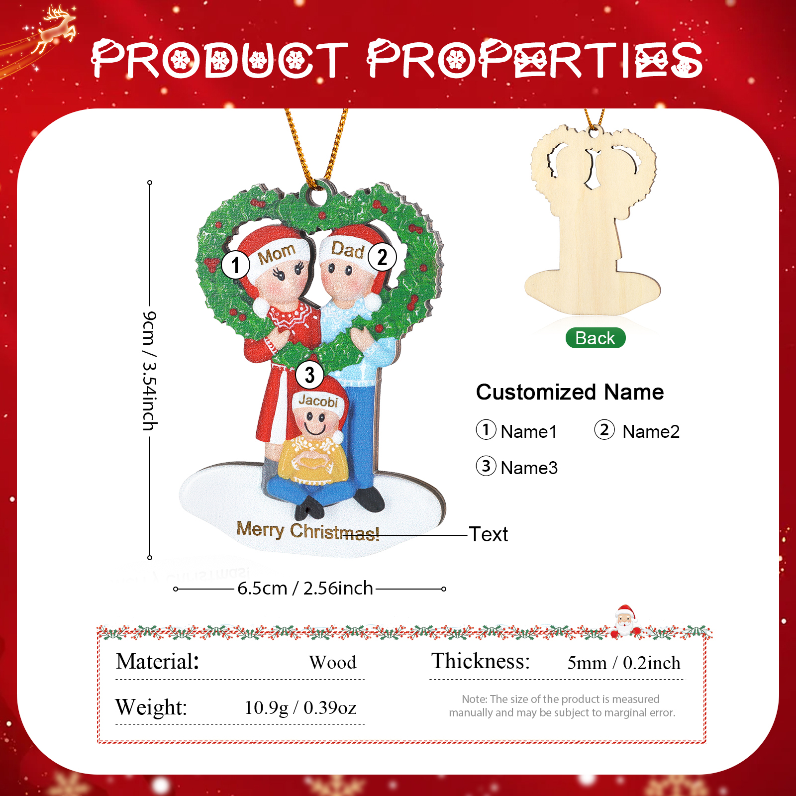 Personalised Wood Christmas Heart Wreath Family Ornament Custom with 3 Names Gift For Families-Jessemade AU