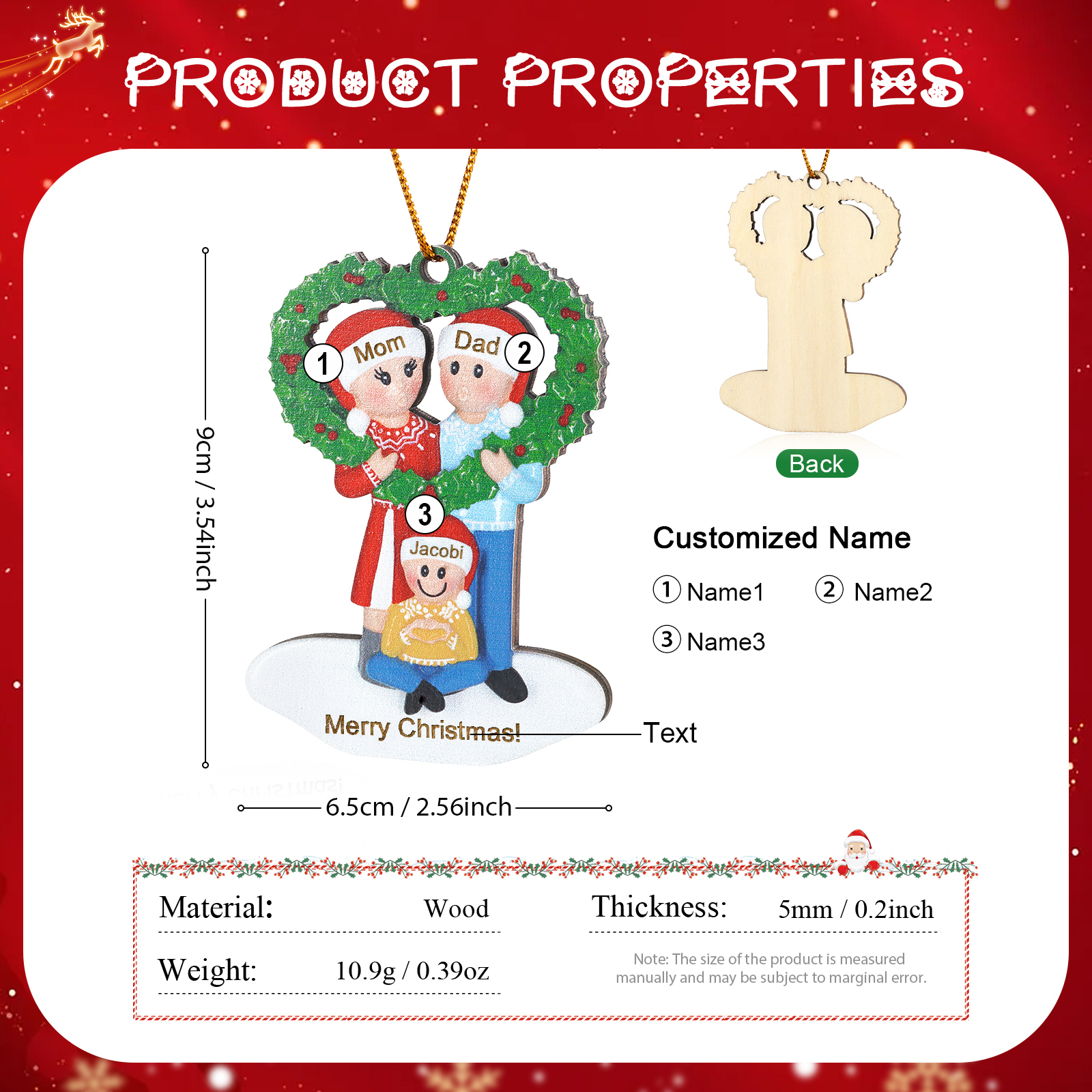 Personalised Wood Christmas Heart Wreath Family Ornament Custom with 3 Names Gift For Families-Jessemade AU