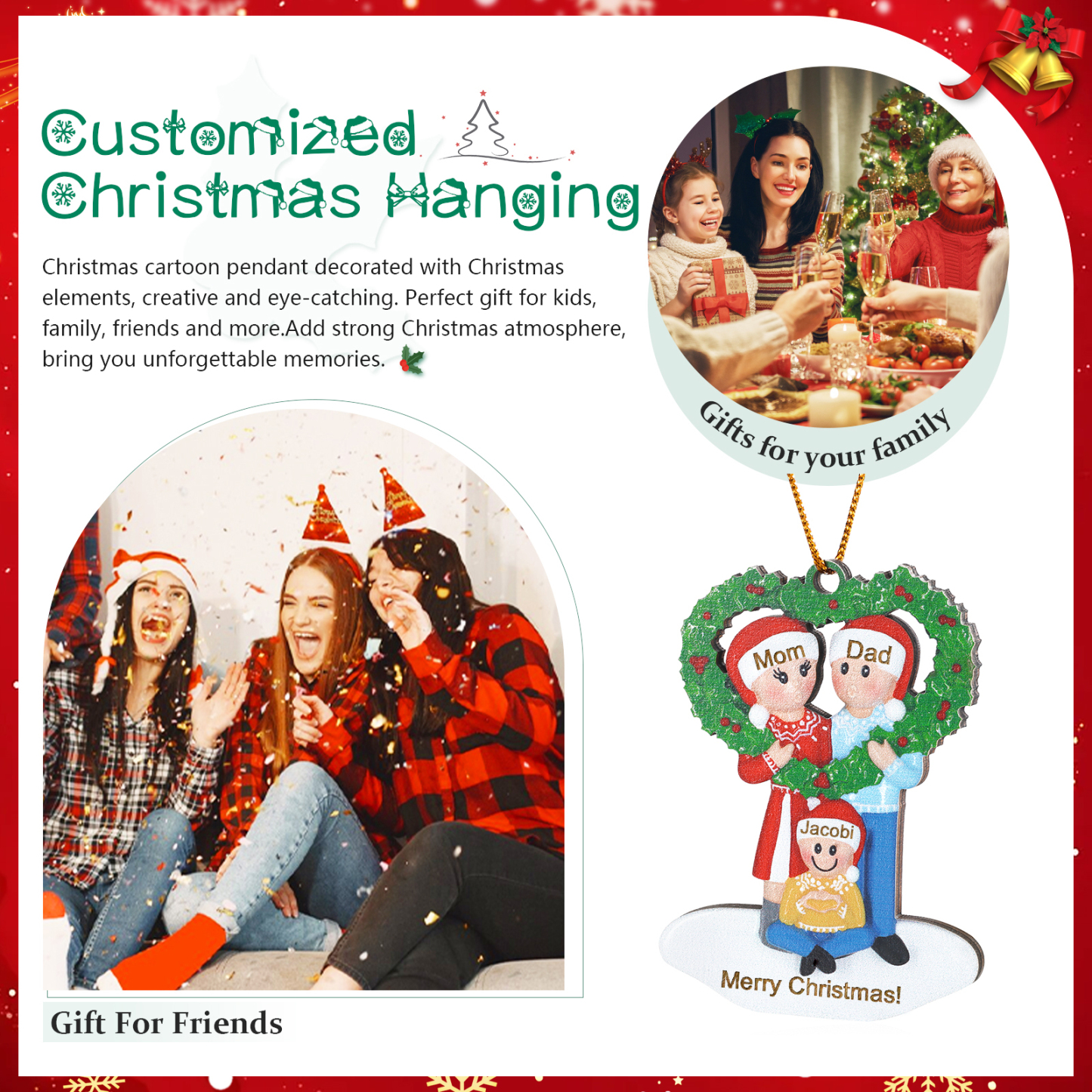 Personalised Wood Christmas Heart Wreath Family Ornament Custom with 3 Names Gift For Families-Jessemade AU