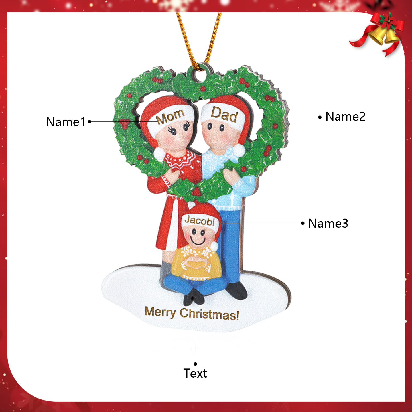 Personalised Wood Christmas Heart Wreath Family Ornament Custom with 3 Names Gift For Families-Jessemade AU