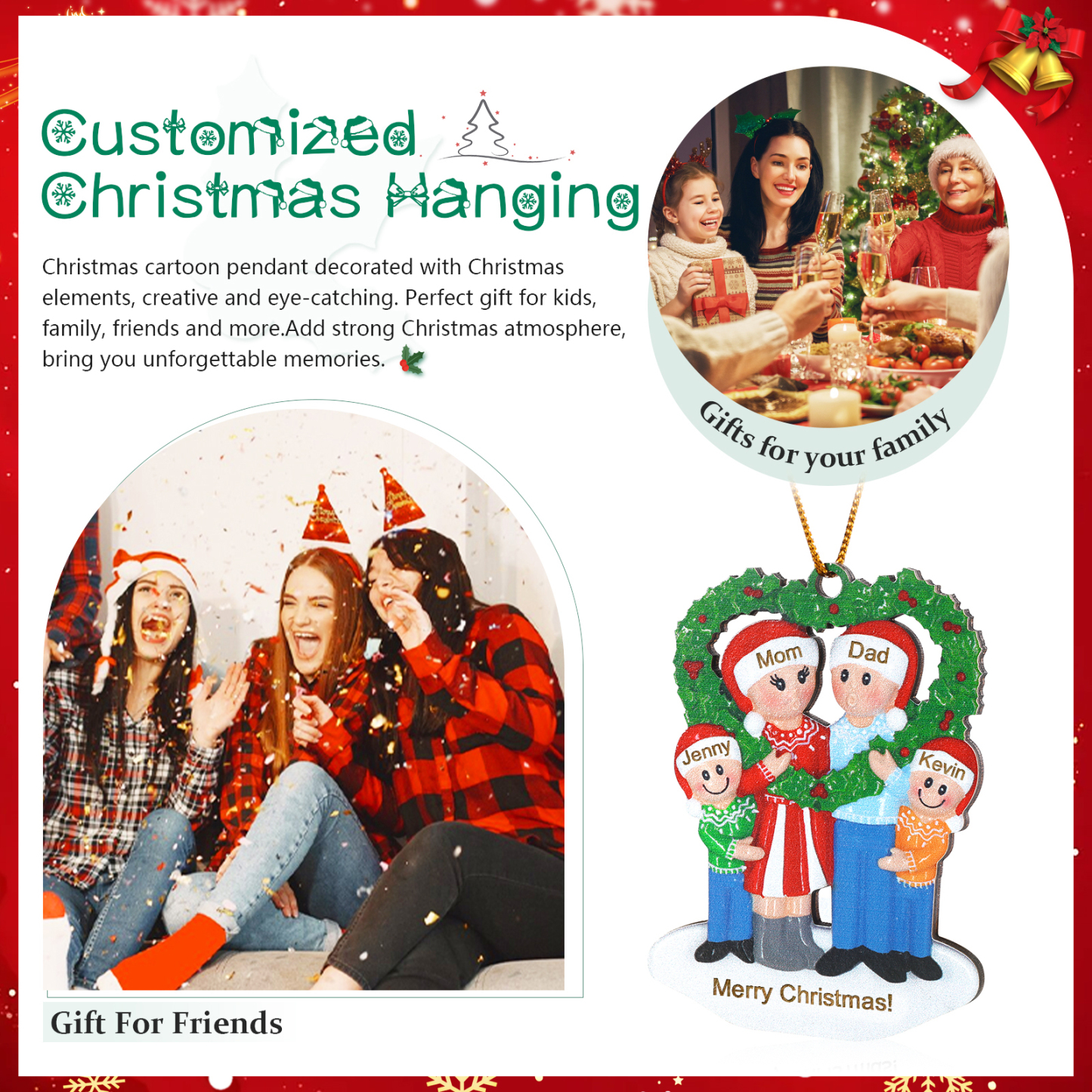 Personalised Wood Christmas Heart Wreath Family Ornament Custom with 4 Names Gift For Families-Jessemade AU