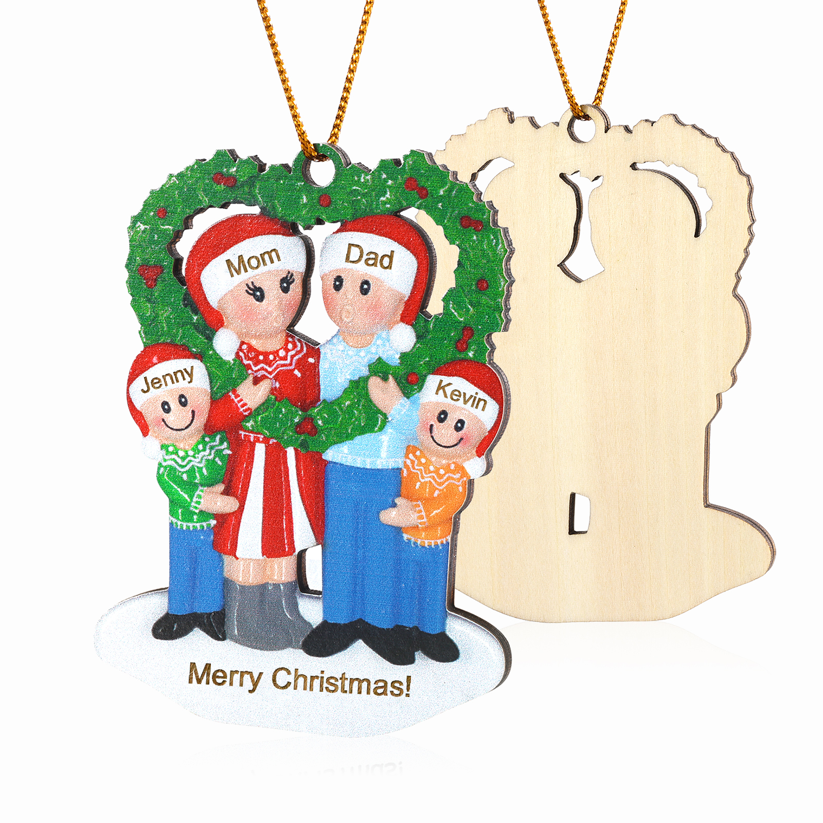 Personalised Wood Christmas Heart Wreath Family Ornament Custom with 4 Names Gift For Families-Jessemade AU