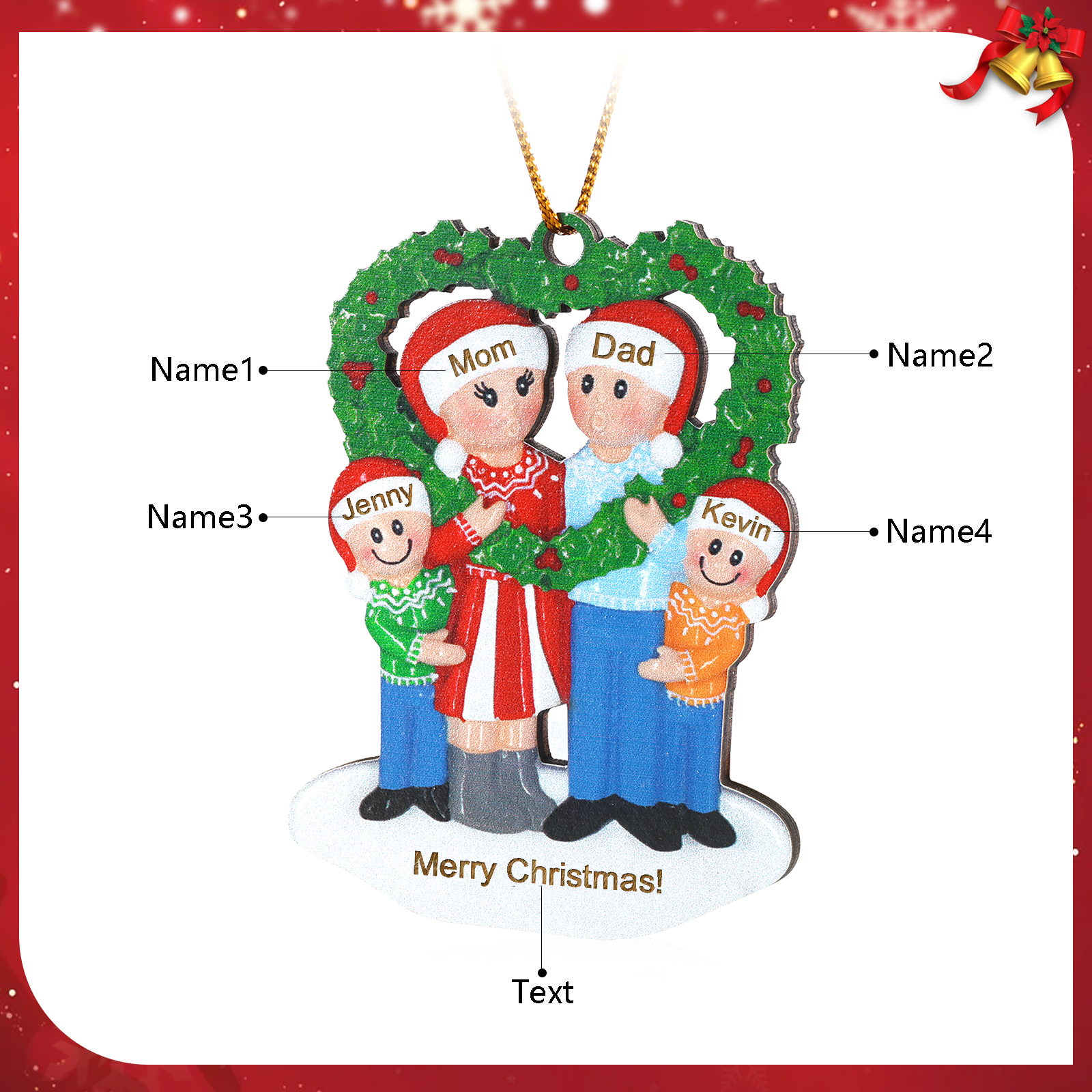 Personalised Wood Christmas Heart Wreath Family Ornament Custom with 4 Names Gift For Families-Jessemade AU