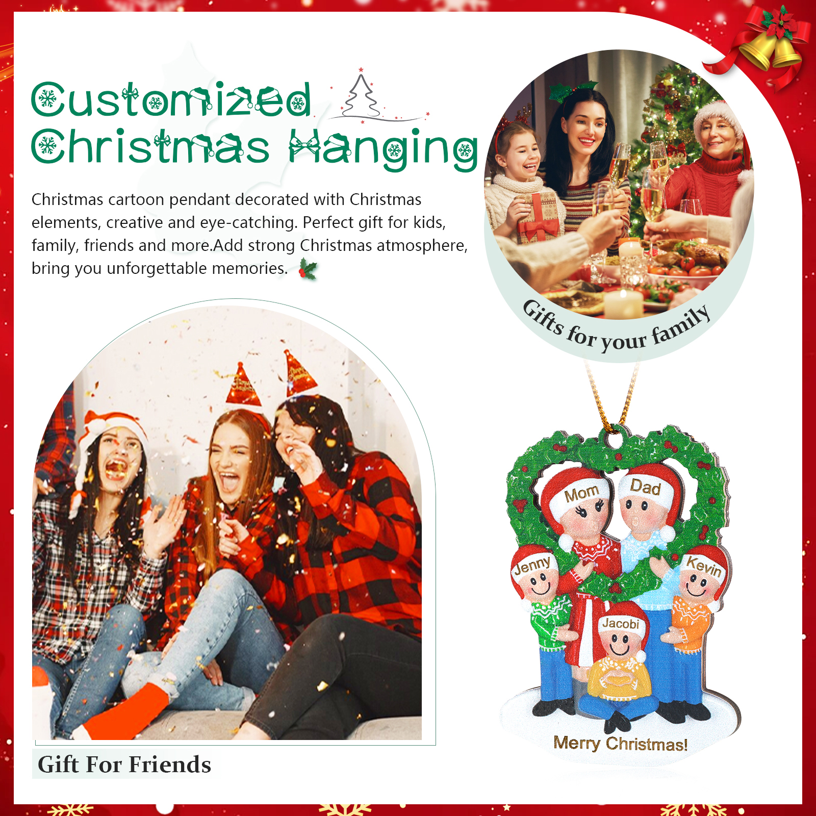 Personalised Wood Christmas Heart Wreath Family Ornament Custom with 5 Names Gift For Families-Jessemade AU