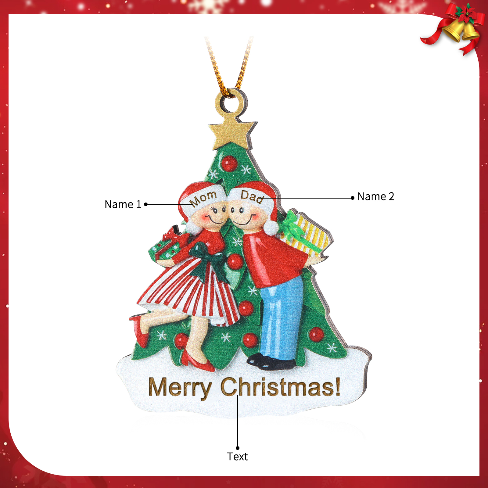 Personalised Wood Christmas Tree Family Ornament Custom with 2 Names Gift For Couple