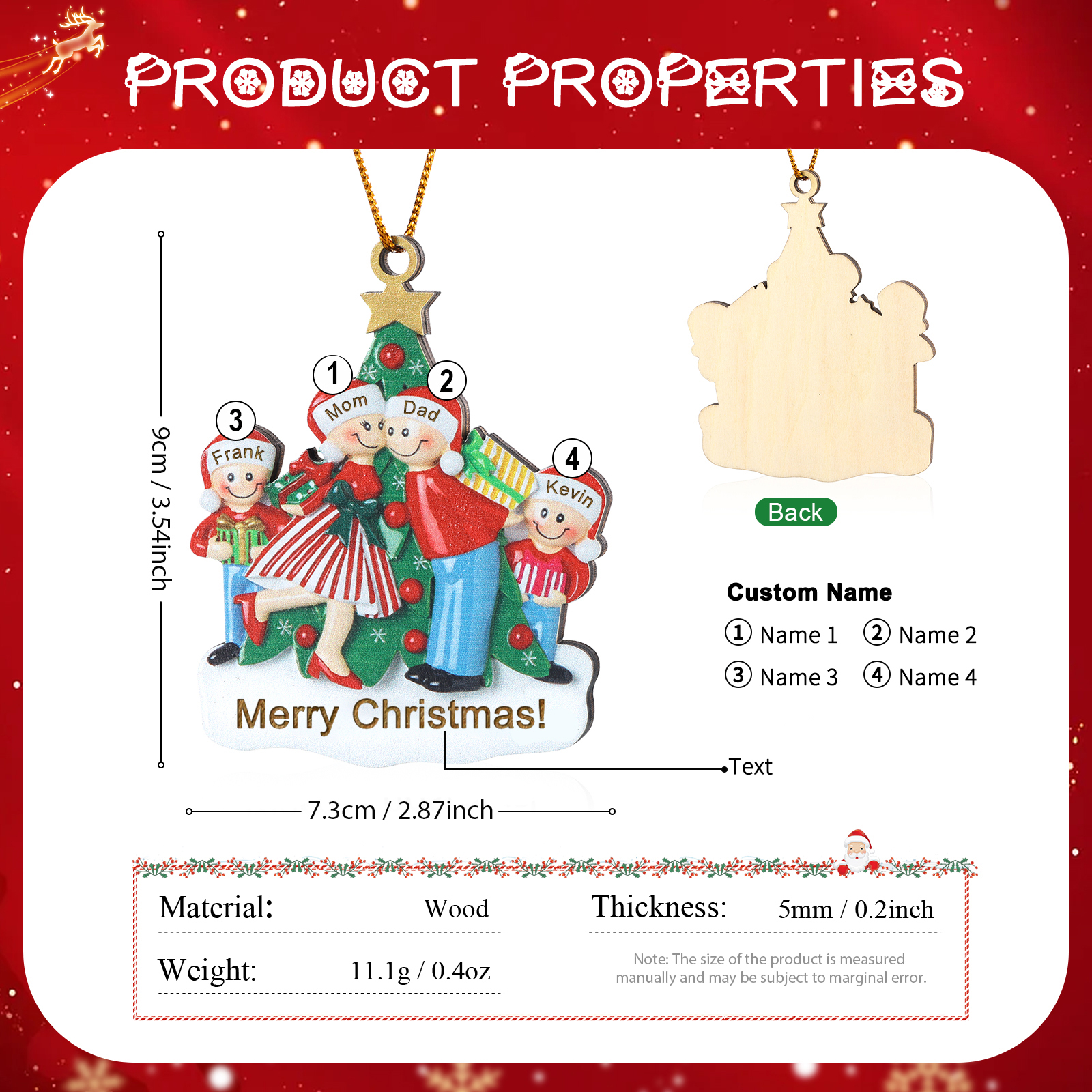 Personalised Wood Christmas Tree Family Ornament Custom with 4 Names Gift For Families-Jessemade AU