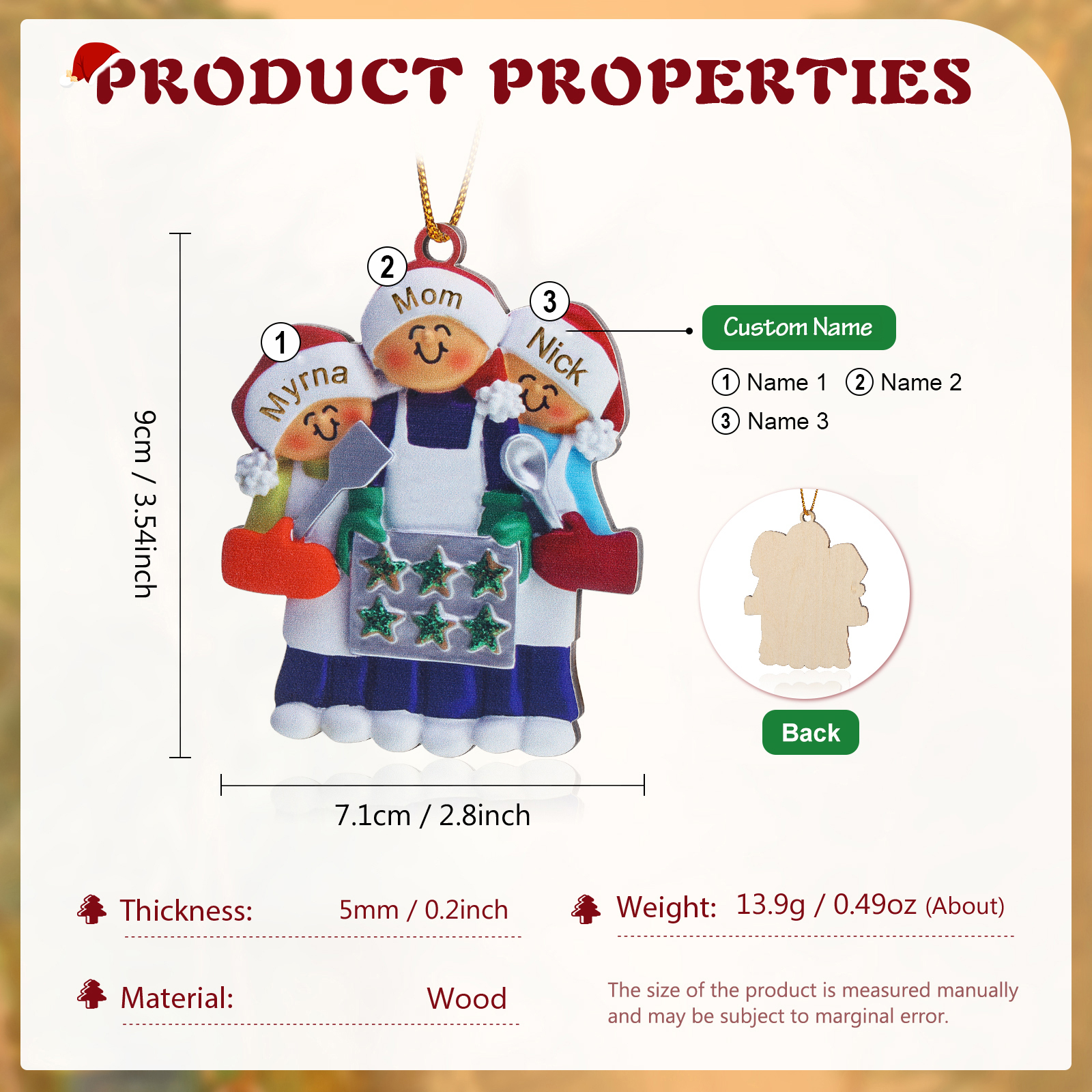 Personalised Wooden Christmas Ornament with Apron Mom & Cookie Customised 2-5 Names-Jessemade AU