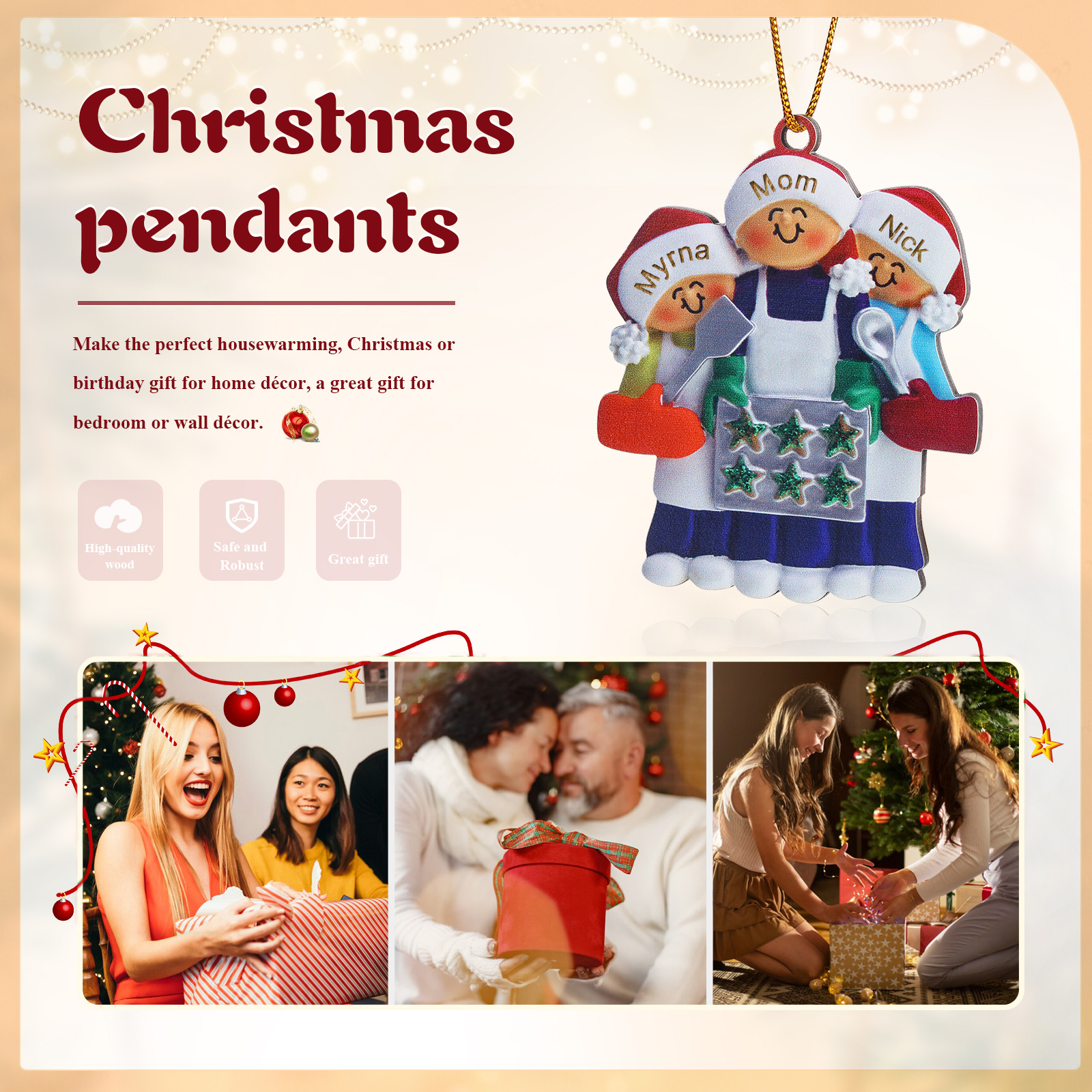 Personalised Wooden Christmas Ornament with Apron Mom & Cookie Customised 2-5 Names-Jessemade AU