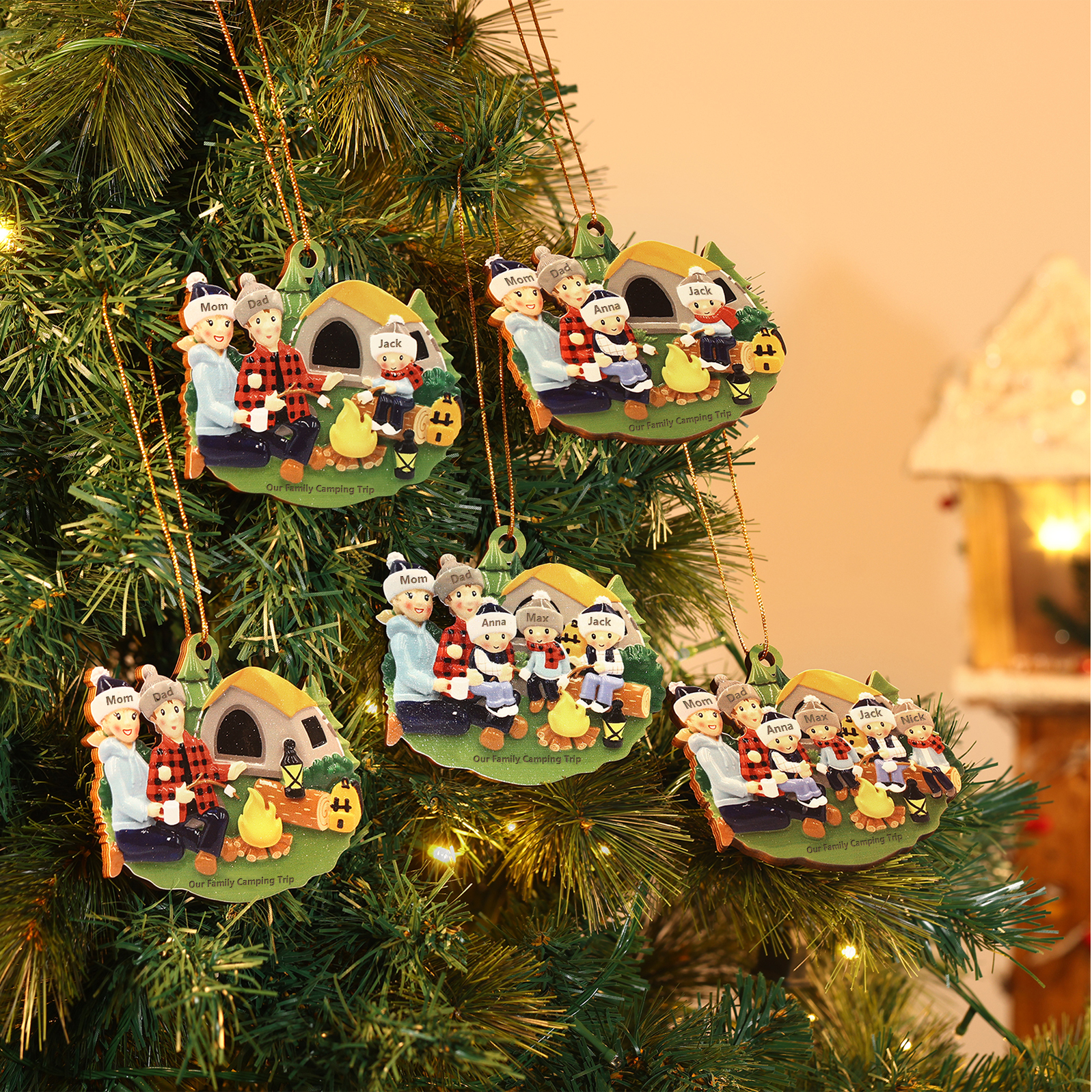 Personalised Wooden Camping Family Christmas Ornament with 2 Names-Jessemade AU