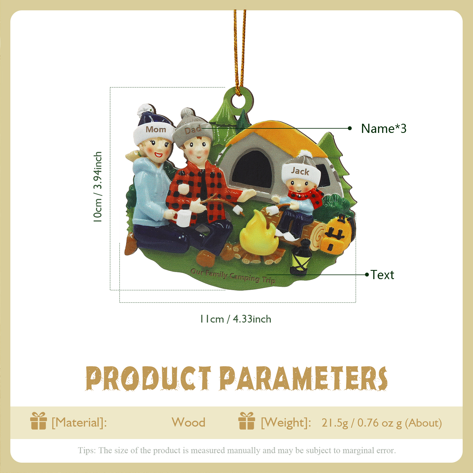 Personalised Wooden Camping Family Christmas Ornament with 3 Names Parents with 1 Kid-Jessemade AU