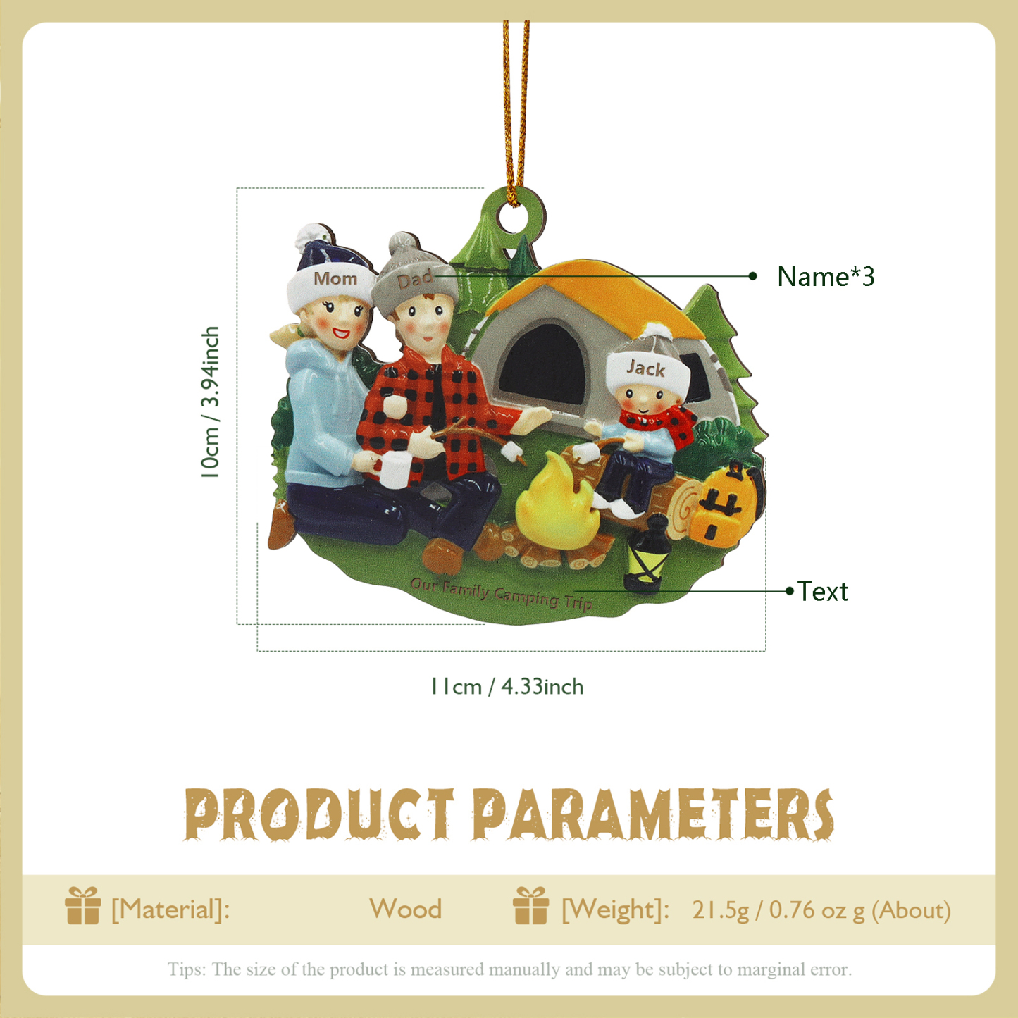 Personalised Wooden Camping Family Christmas Ornament with 3 Names Parents with 1 Kid-Jessemade AU